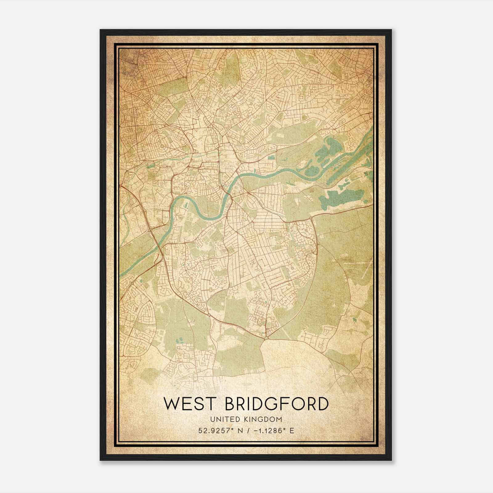 Vintage West Bridgford United Kingdom Map Poster, West Bridgford City Road Wall Art Print