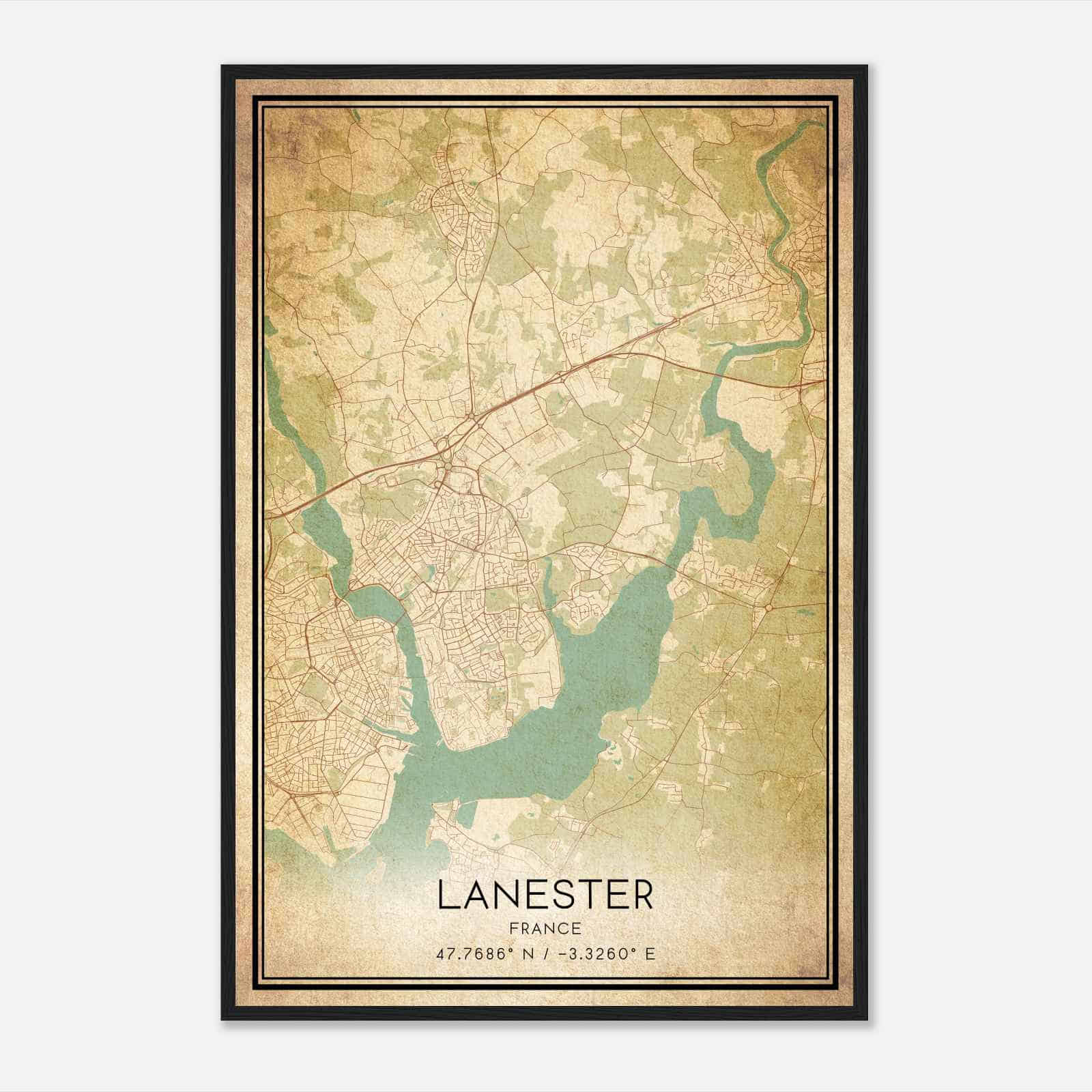 Vintage Lanester France Map Poster, Lanester City Road Wall Art Print