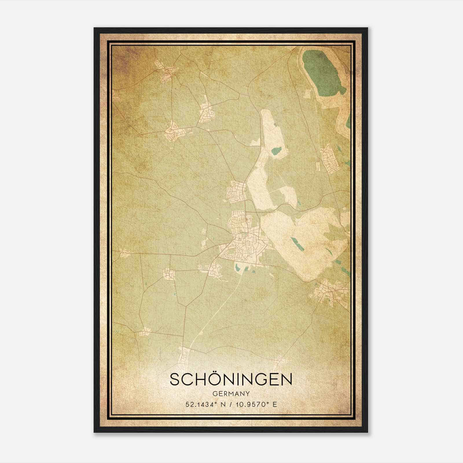 Vintage Schoningen Germany Map Poster, Schoningen City Road Wall Art Print