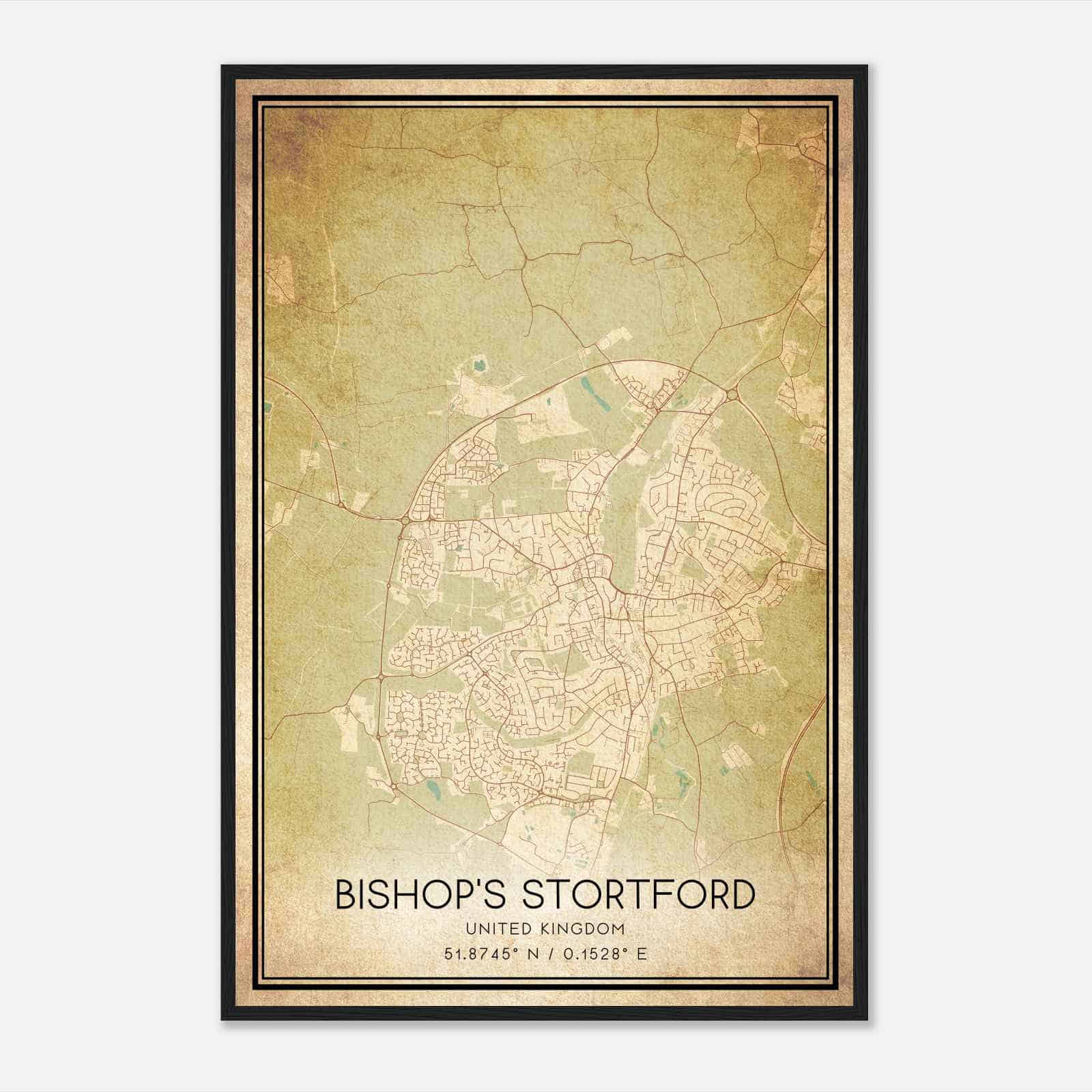 Vintage Bishops Stortford United Kingdom Map Poster, Bishops Stortford City Road Wall Art Print