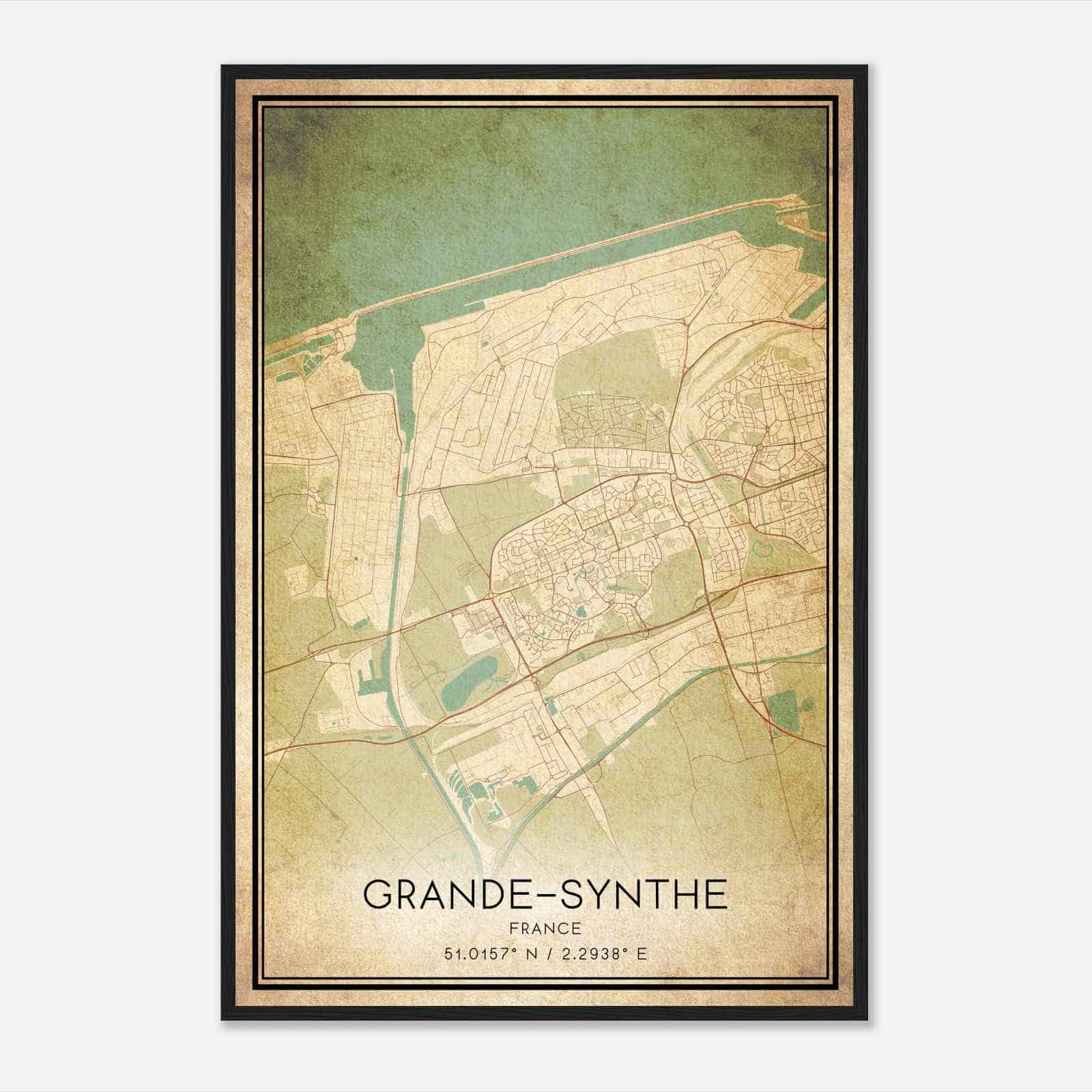 Vintage Grande-Synthe France Map Poster, Grande-Synthe City Road Wall Art Print