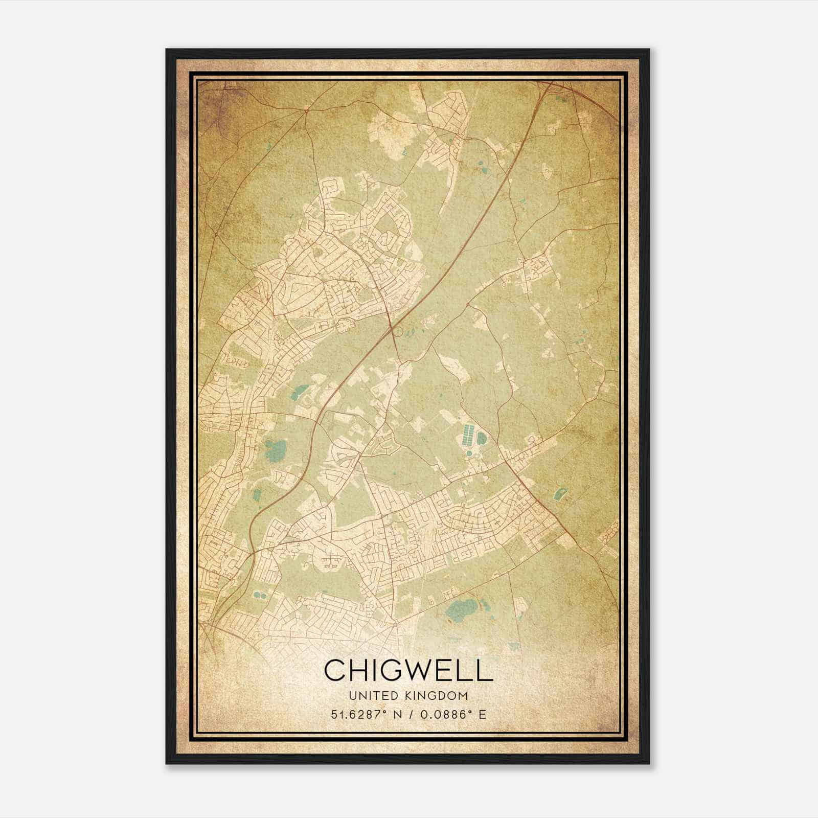 Vintage Chigwell United Kingdom Map Poster, Chigwell City Road Wall Art Print