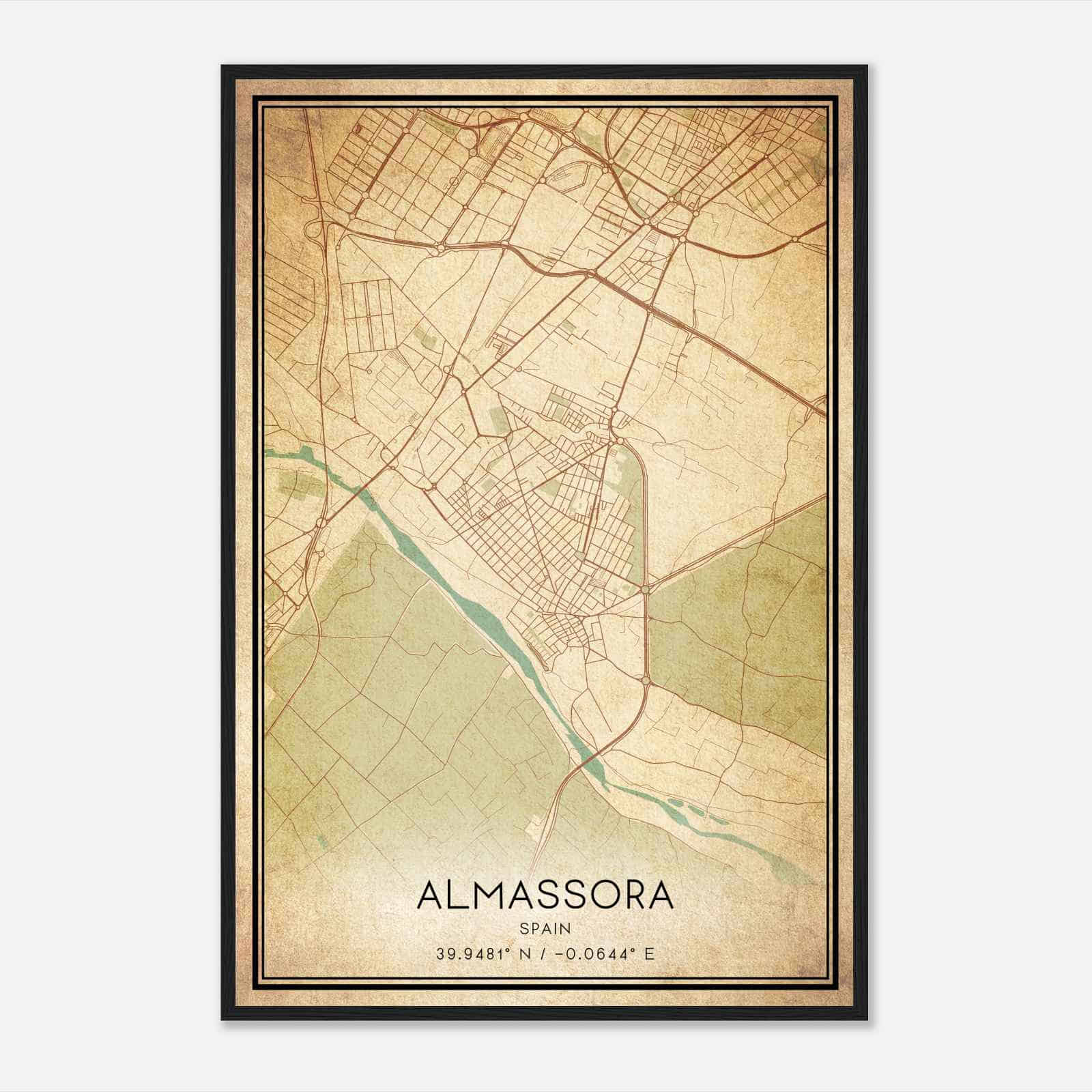 Vintage Almazora Spain Map Poster, Almazora City Road Wall Art Print