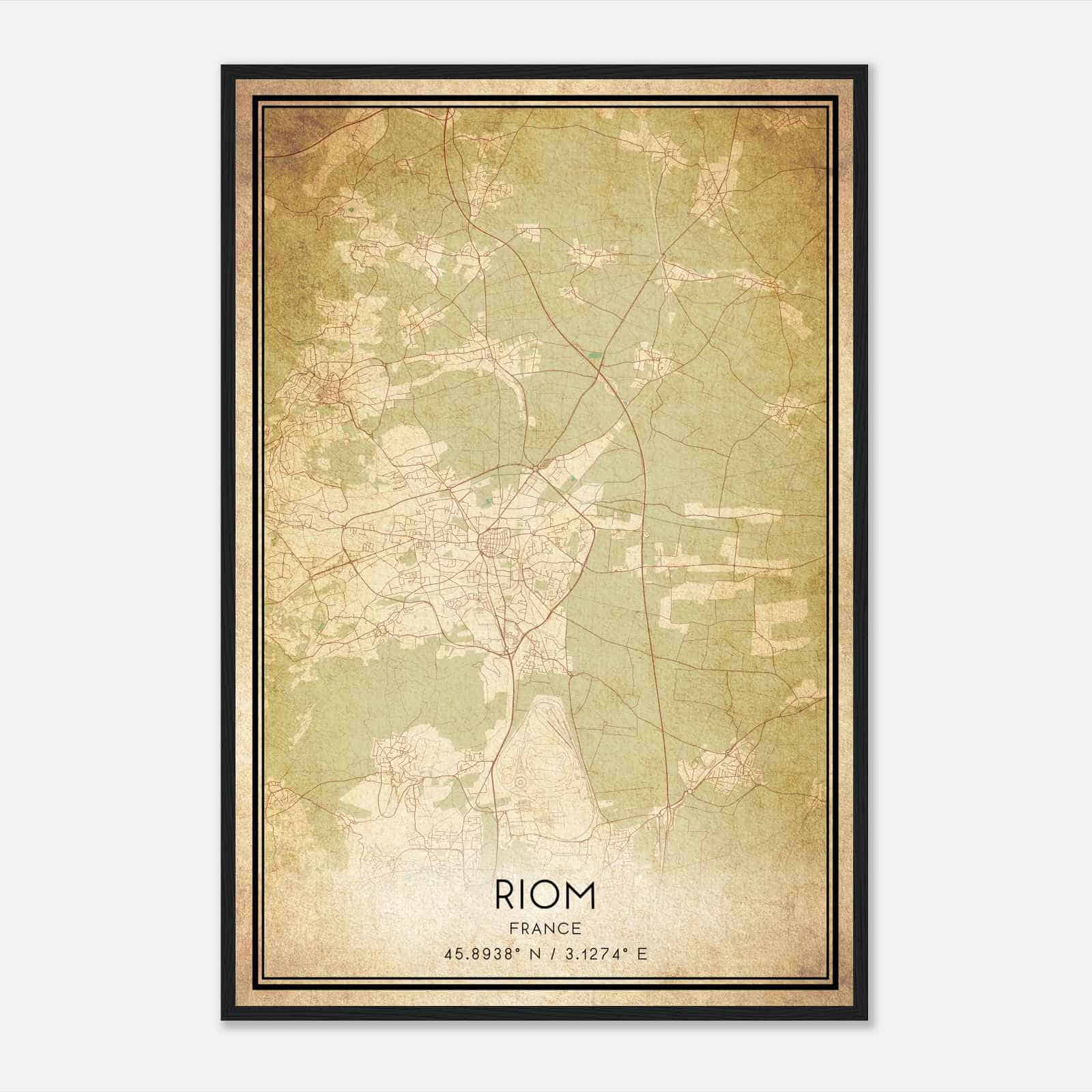 Vintage Riom France Map Poster, Riom City Road Wall Art Print