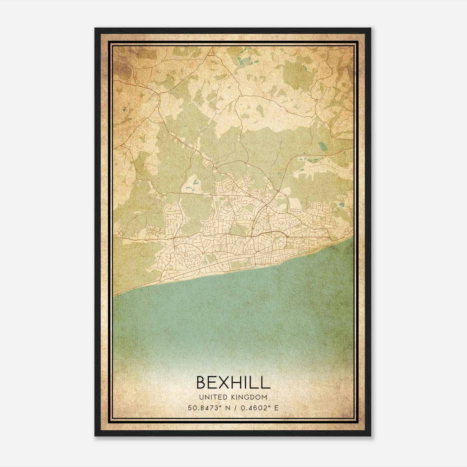 Vintage Bexhill United Kingdom Map Poster, Bexhill City Road Wall Art Print