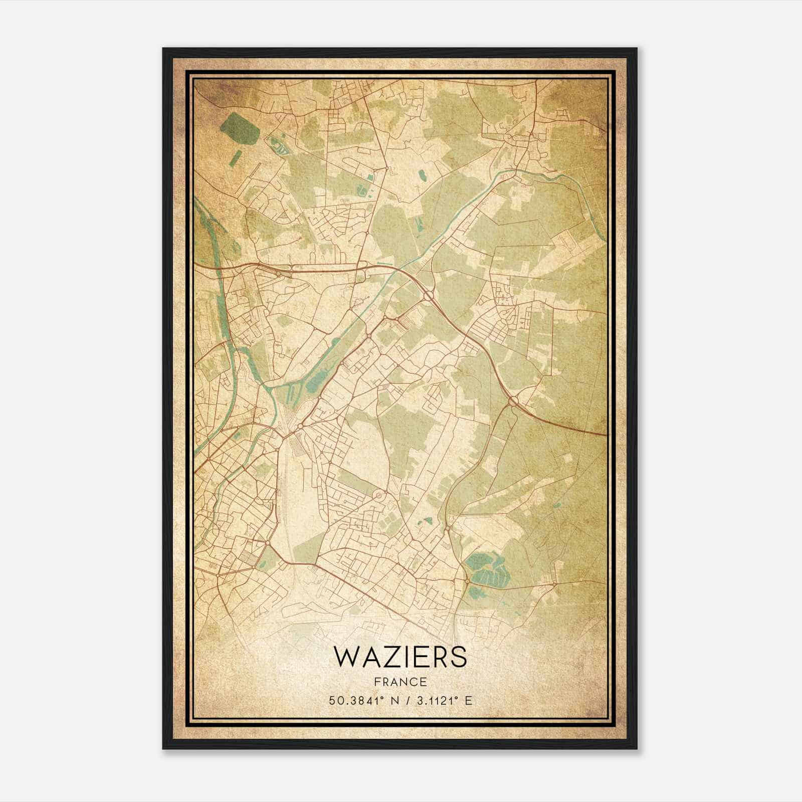 Vintage Waziers France Map Poster, Waziers City Road Wall Art Print