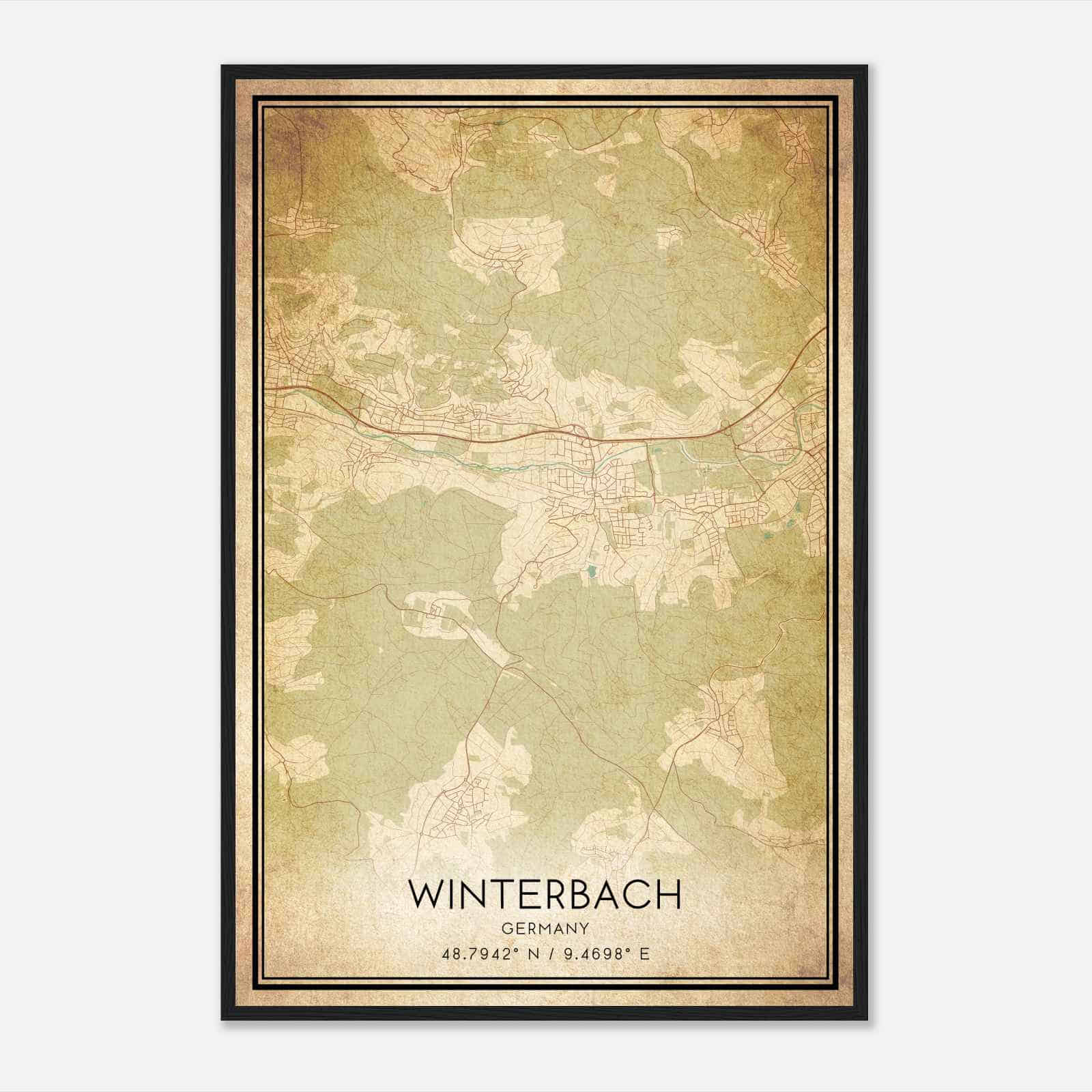 Vintage Winterbach Germany Map Poster, Winterbach City Road Wall Art Print