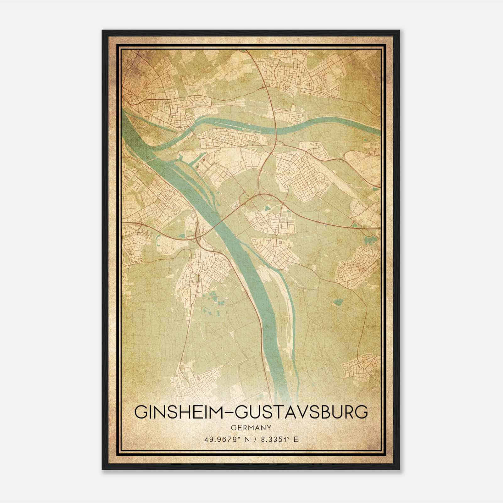 Vintage Ginsheim-Gustavsburg Germany Map Poster, Ginsheim-Gustavsburg City Road Wall Art Print