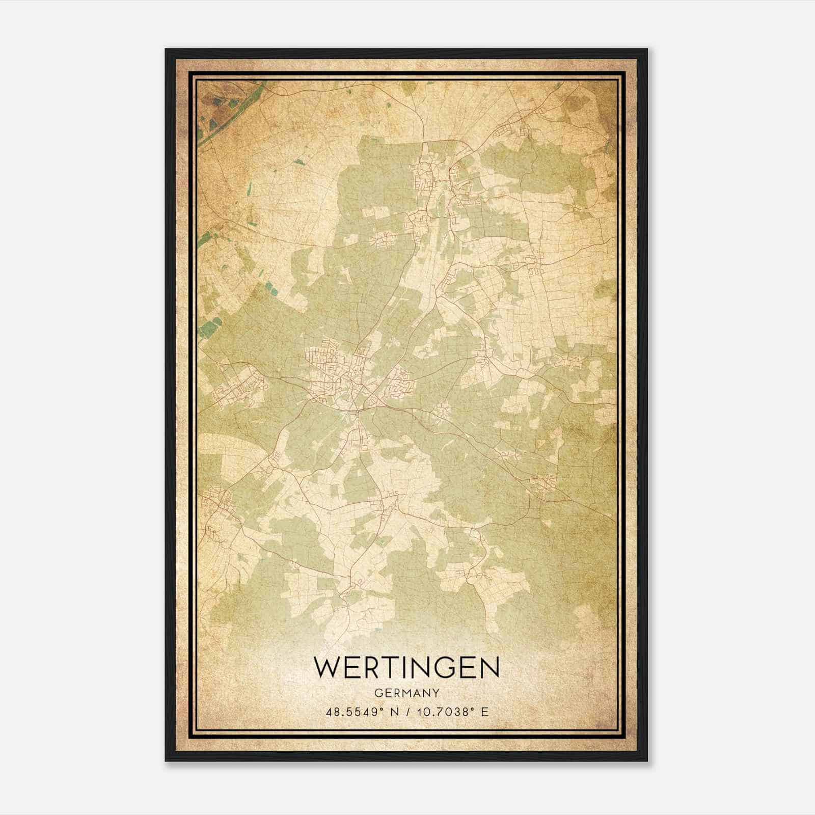 Vintage Wertingen Germany Map Poster, Wertingen City Road Wall Art Print