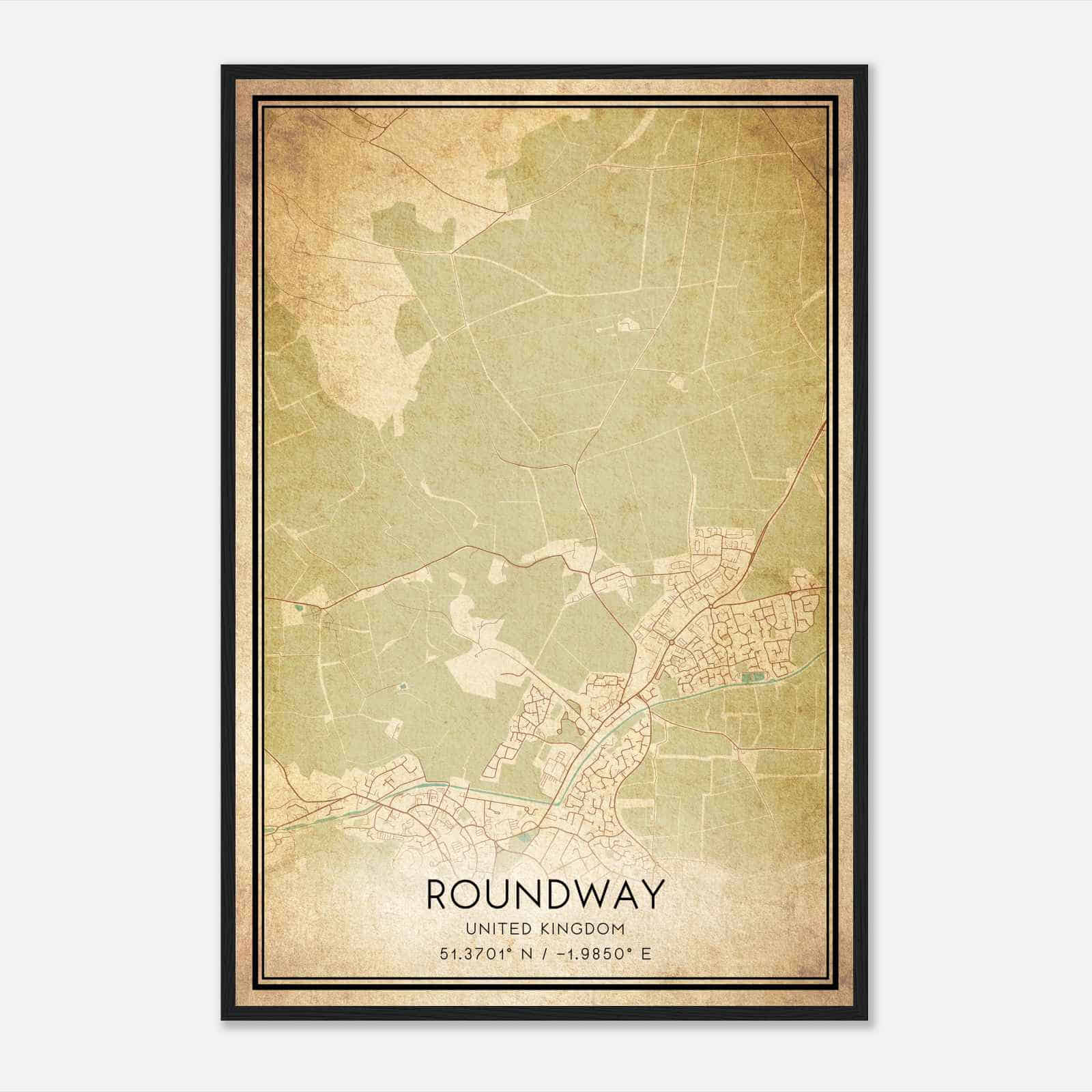 Vintage Roundway United Kingdom Map Poster, Roundway City Road Wall Art Print