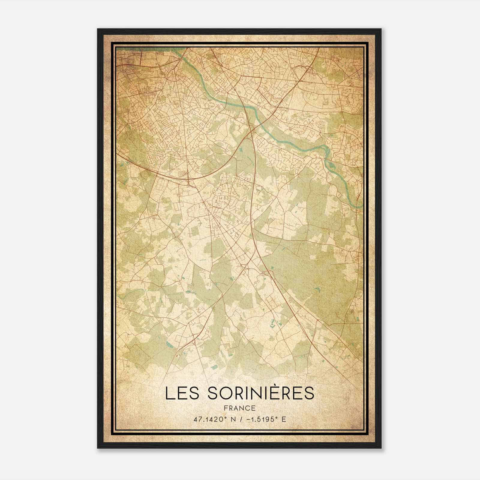 Vintage Les Sorinieres France Map Poster, Les Sorinieres City Road Wall Art Print
