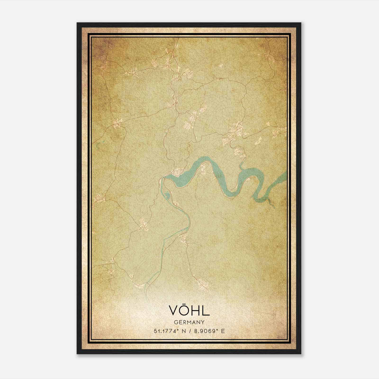 Vintage Vohl Germany Map Poster, Vohl City Road Wall Art Print