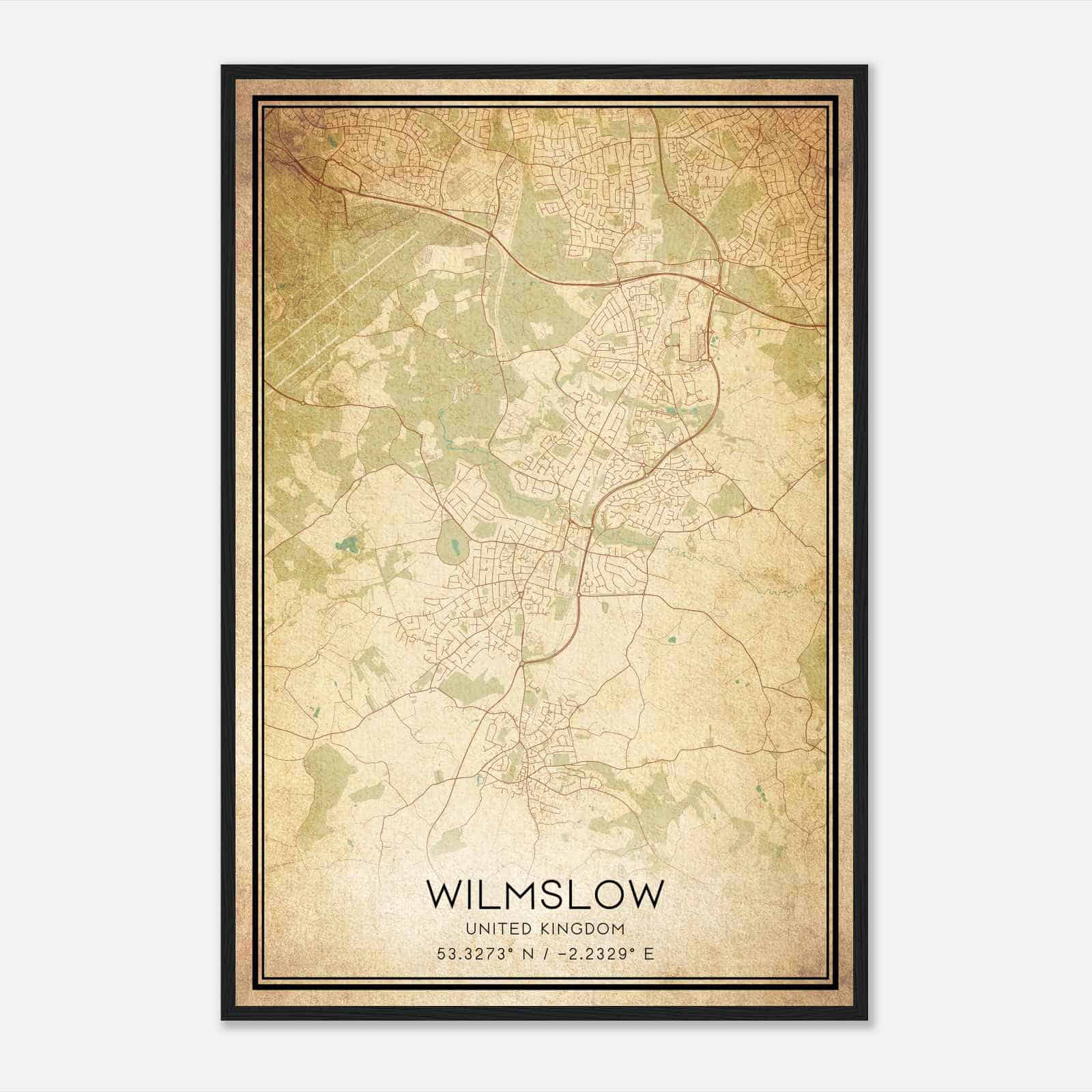 Vintage Wilmslow United Kingdom Map Poster, Wilmslow City Road Wall Art Print