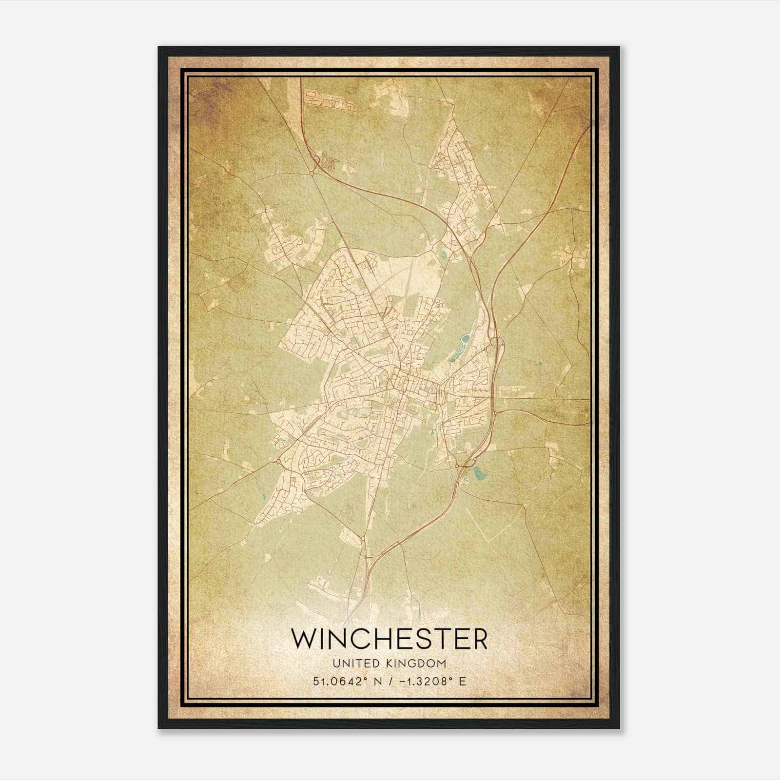 Vintage Winchester United Kingdom Map Poster, Winchester City Road Wall Art Print
