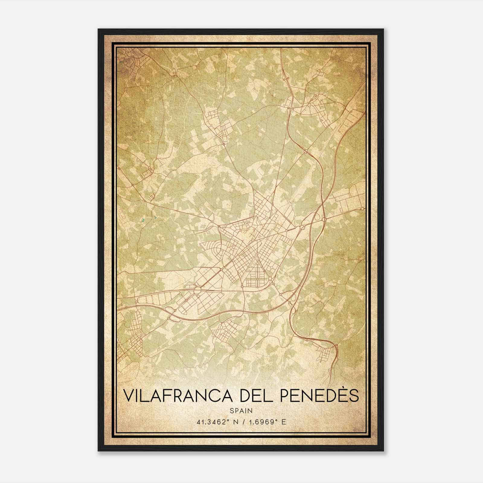 Vintage Villafranca del Panades Spain Map Poster, Villafranca del Panades City Road Wall Art Print