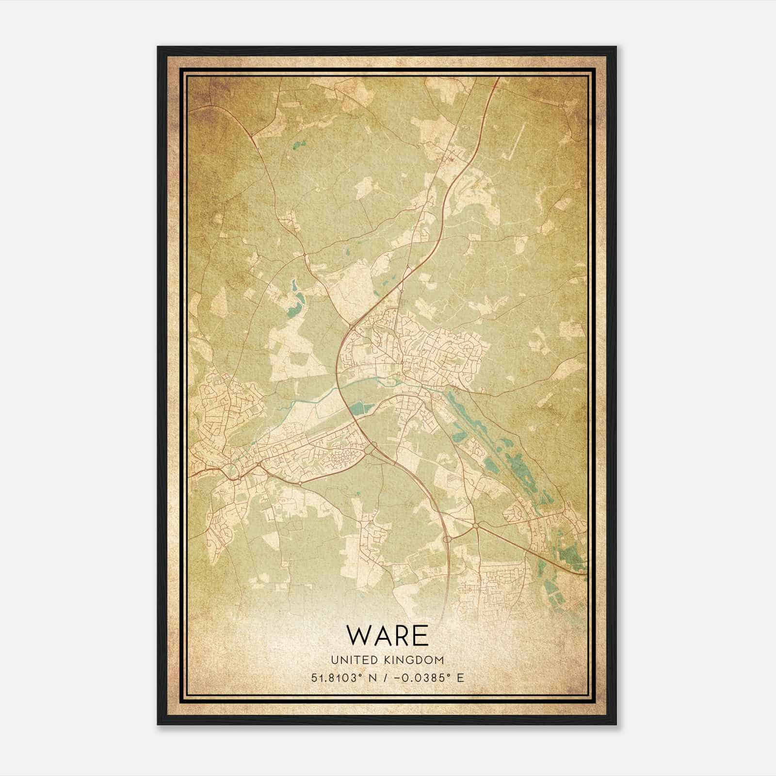 Vintage Ware United Kingdom Map Poster, Ware City Road Wall Art Print