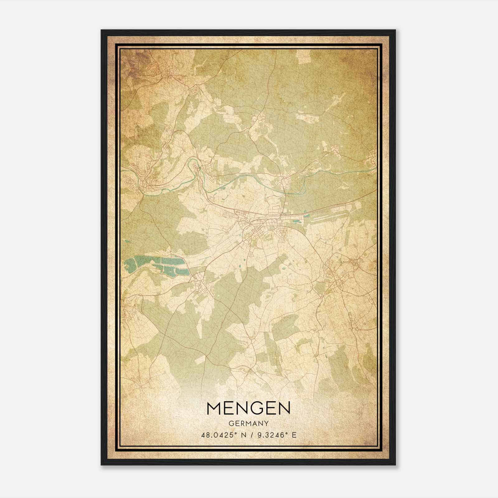 Vintage Mengen Germany Map Poster, Mengen City Road Wall Art Print