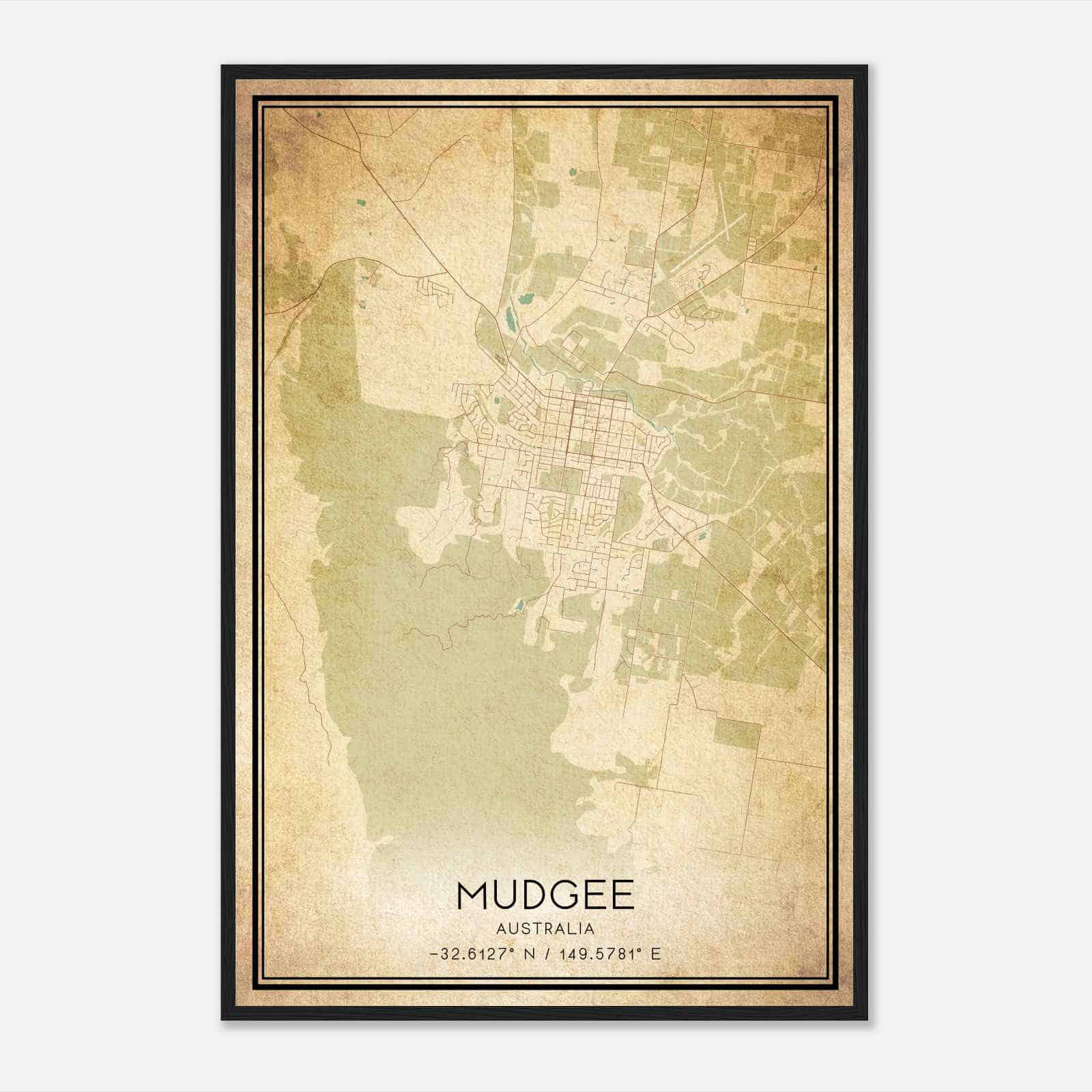 Vintage Mudgee Australia Map Poster, Mudgee City Road Wall Art Print