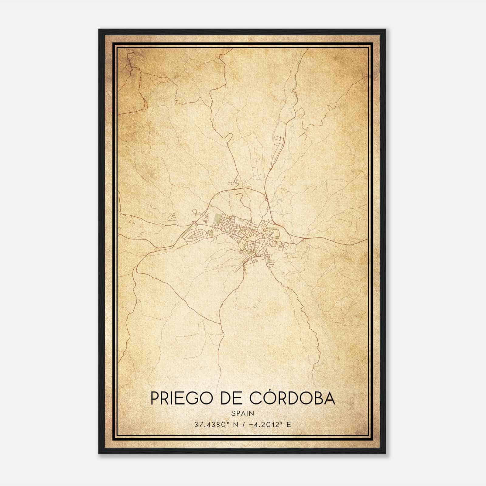 Vintage Priego de Cordoba Spain Map Poster, Priego de Cordoba City Road Wall Art Print