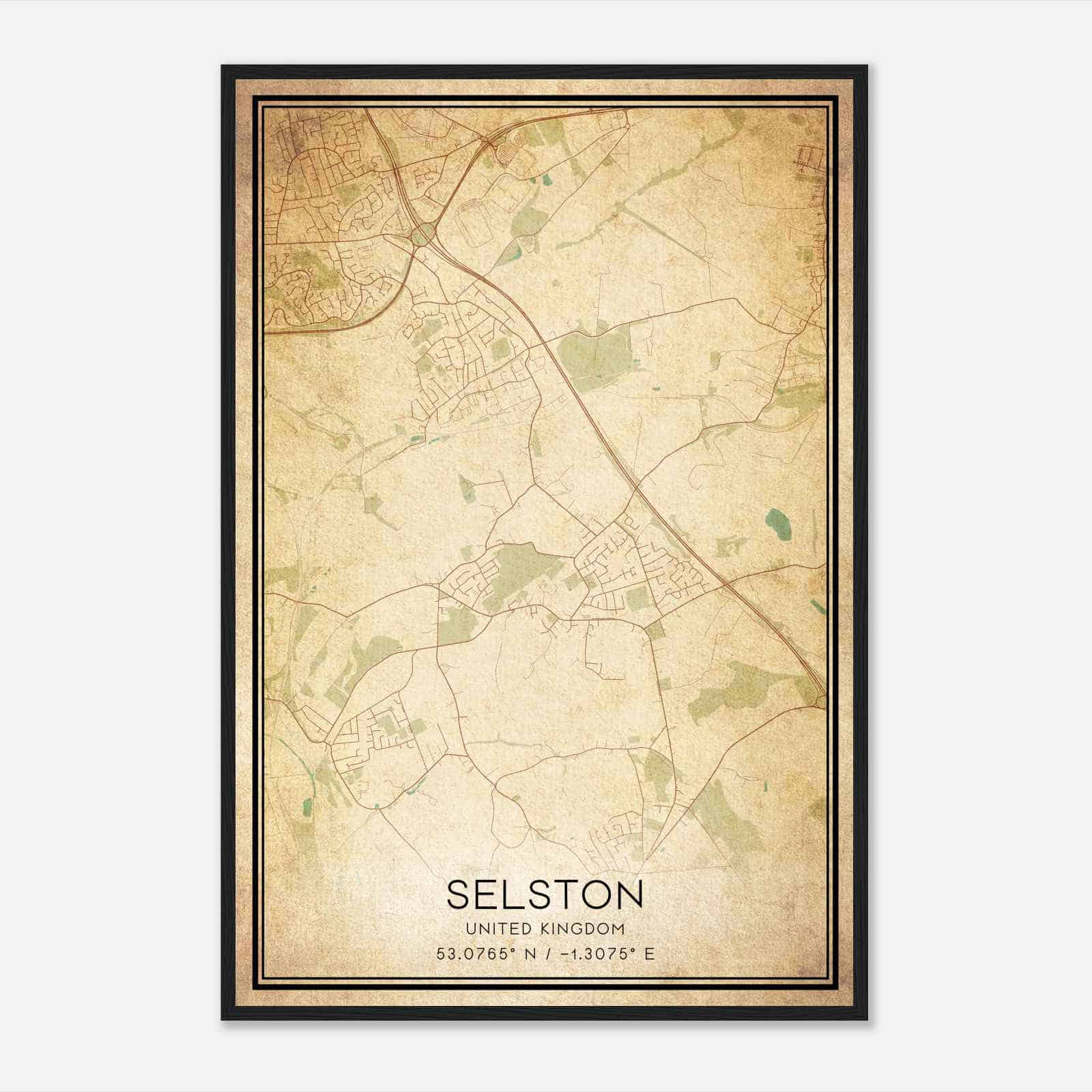 Vintage Selston United Kingdom Map Poster, Selston City Road Wall Art Print