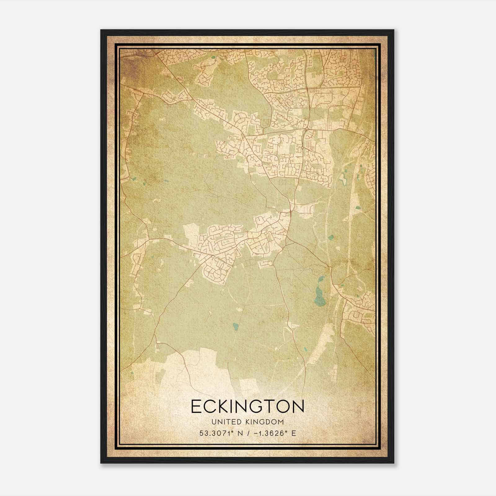 Vintage Eckington United Kingdom Map Poster, Eckington City Road Wall Art Print