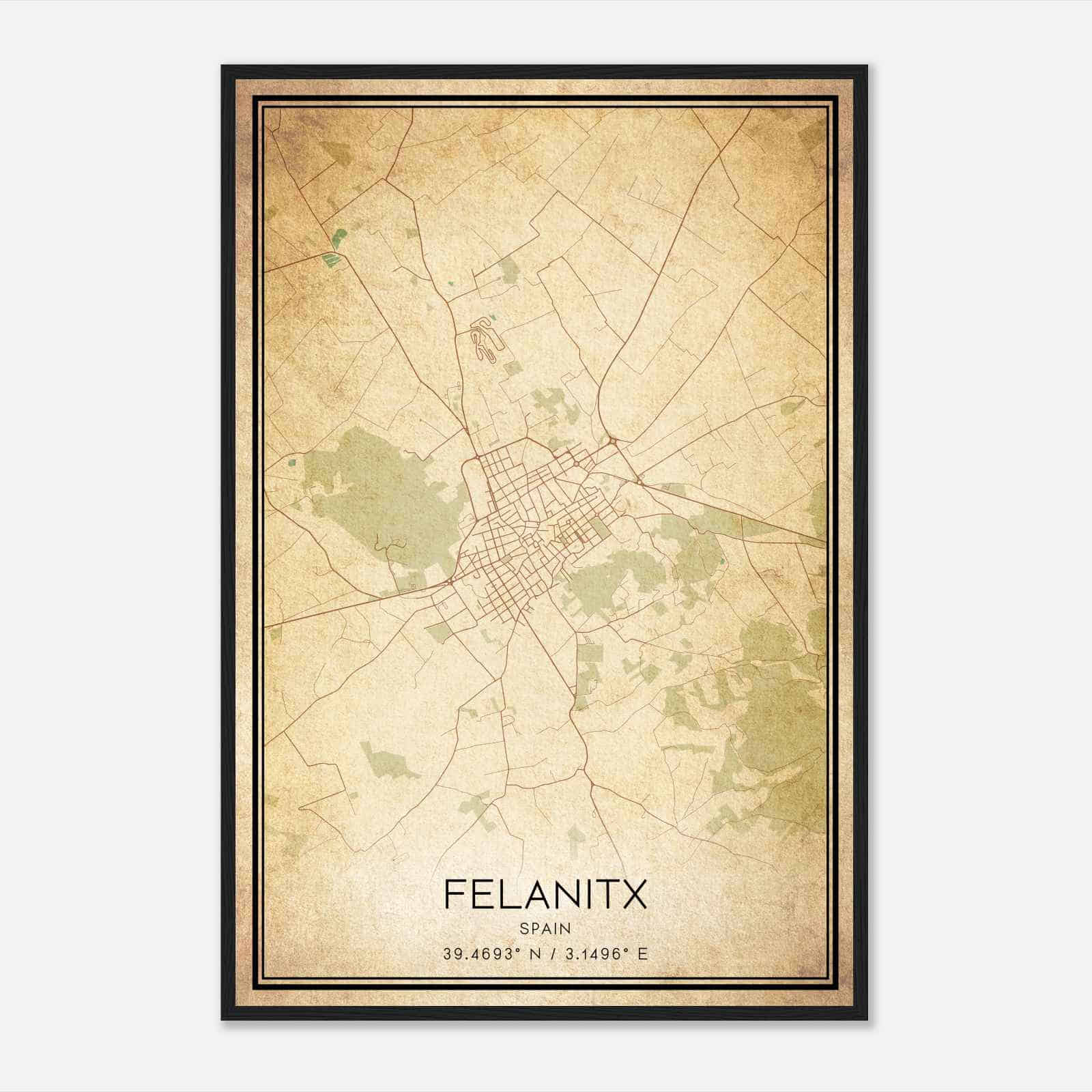 Vintage Felanitx Spain Map Poster, Felanitx City Road Wall Art Print