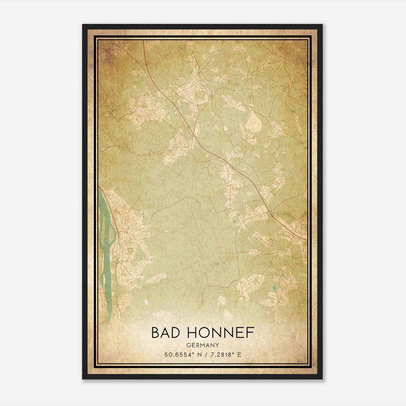 Vintage Bad Honnef am Rhein Germany Map Poster, Bad Honnef am Rhein City Road Wall Art Print
