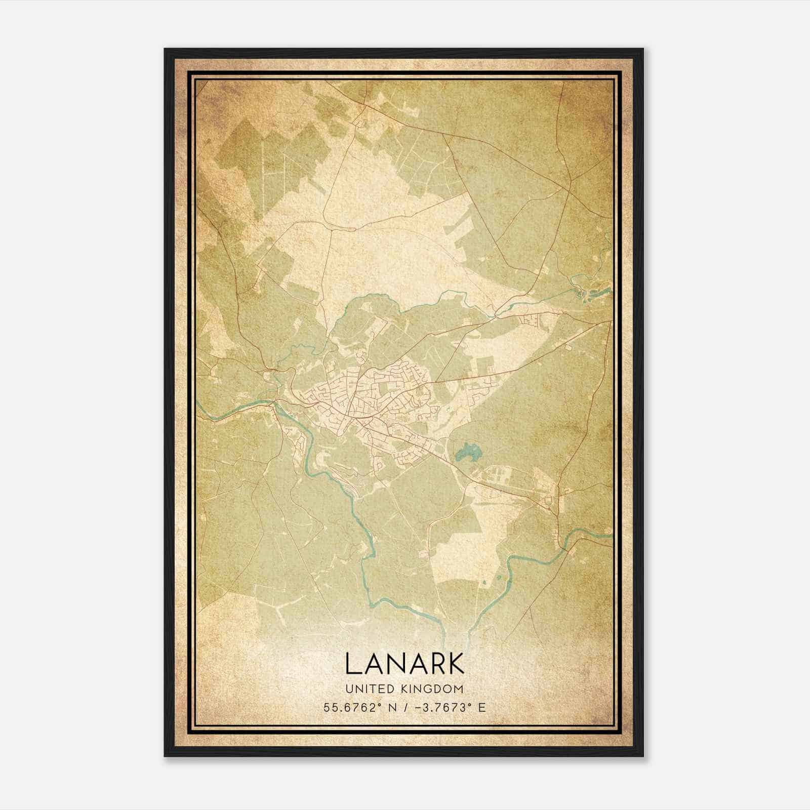 Vintage Lanark United Kingdom Map Poster, Lanark City Road Wall Art Print