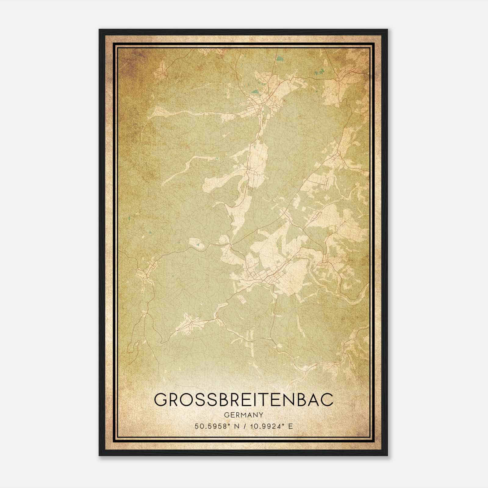 Vintage Grossbreitenbach Germany Map Poster, Grossbreitenbach City Road Wall Art Print