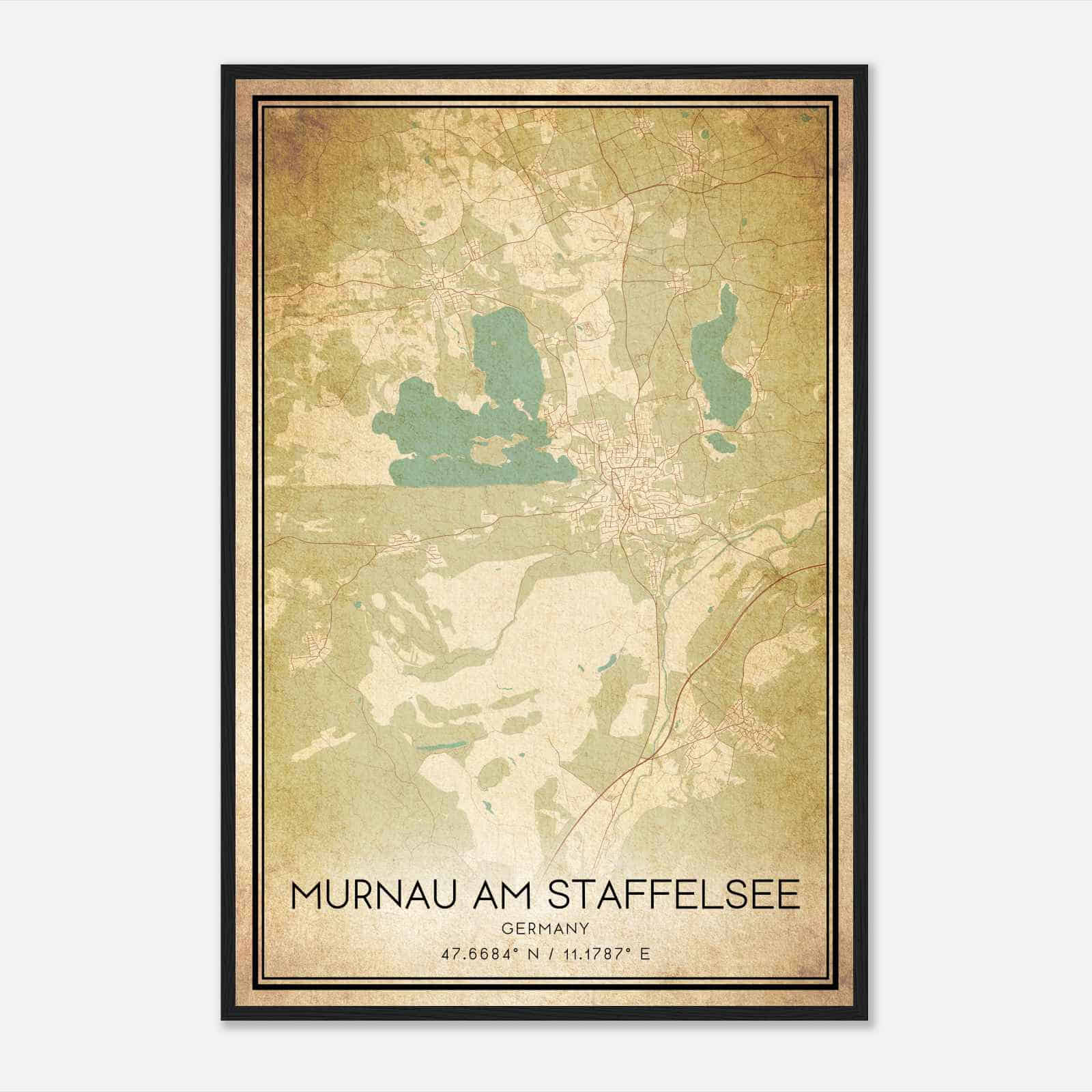 Vintage Murnau am Staffelsee Germany Map Poster, Murnau am Staffelsee City Road Wall Art Print