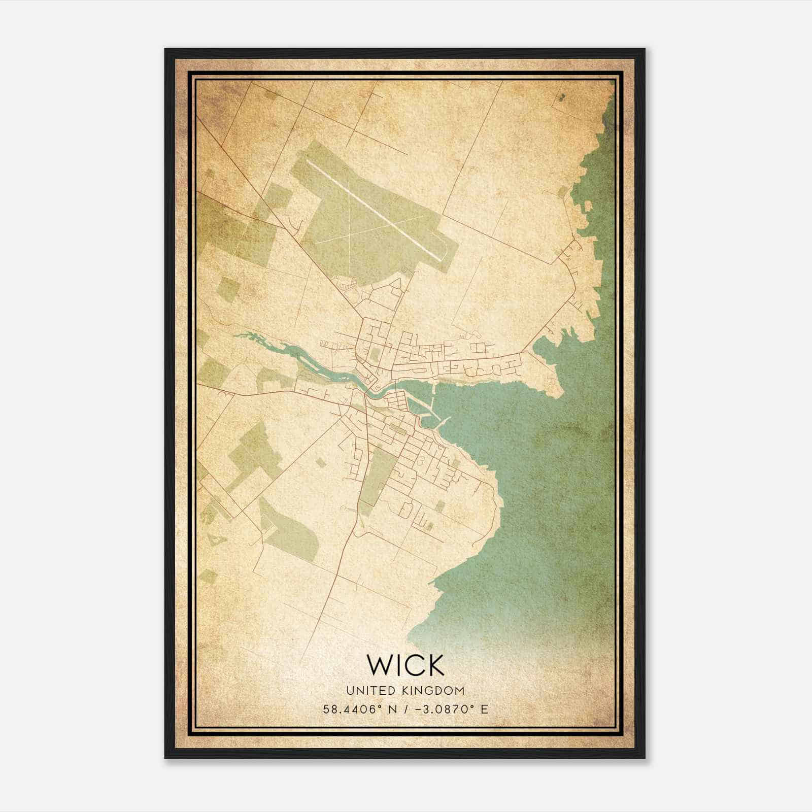 Vintage Wick United Kingdom Map Poster, Wick City Road Wall Art Print