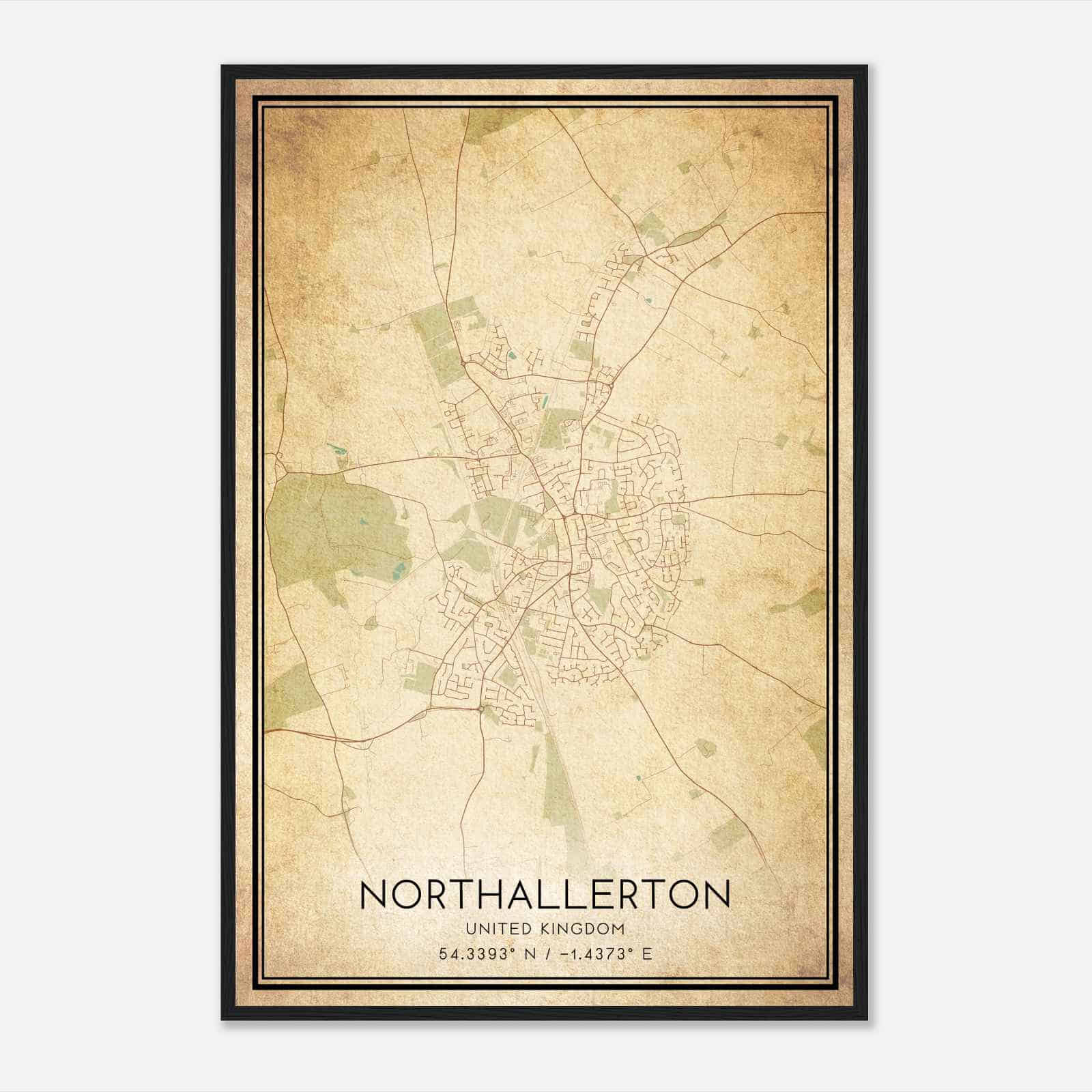 Vintage Northallerton United Kingdom Map Poster, Northallerton City Road Wall Art Print