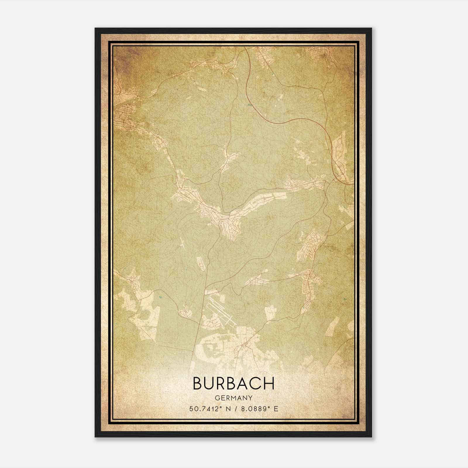 Vintage Burbach Germany Map Poster, Burbach City Road Wall Art Print