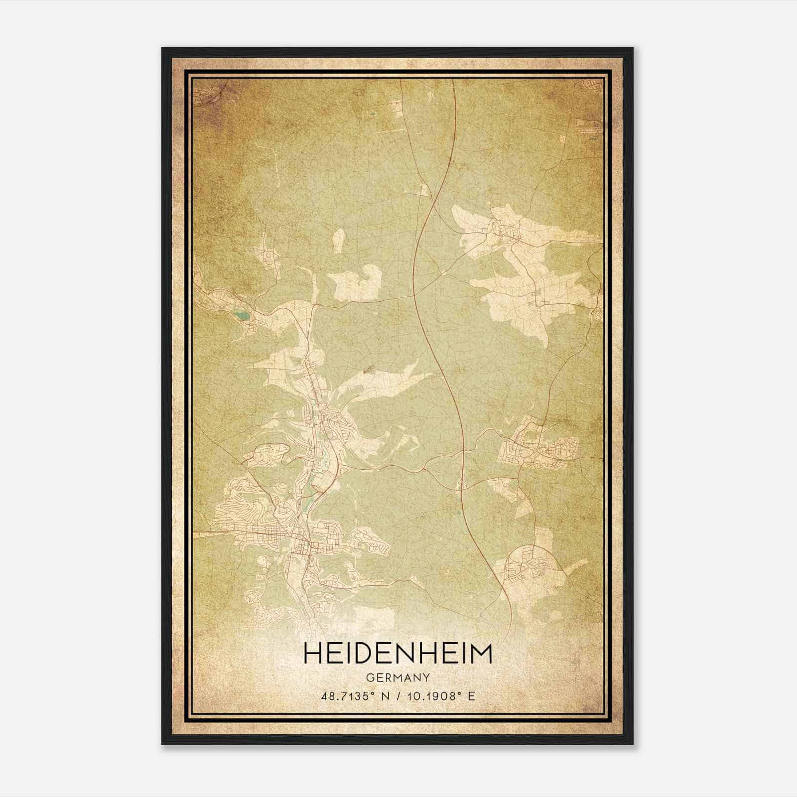 Vintage Heidenheim Germany Map Poster, Heidenheim City Road Wall Art Print