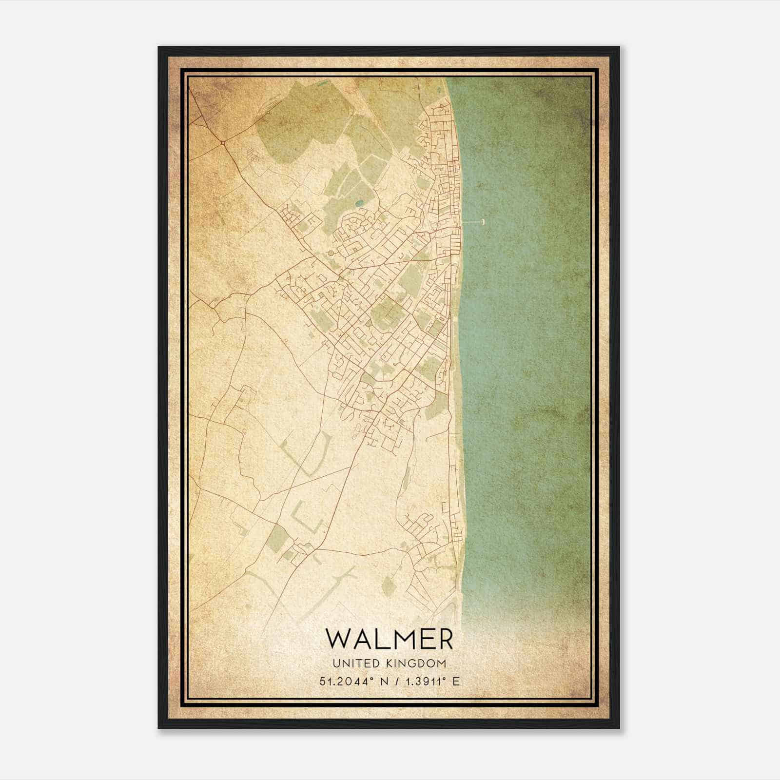 Vintage Walmer United Kingdom Map Poster, Walmer City Road Wall Art Print