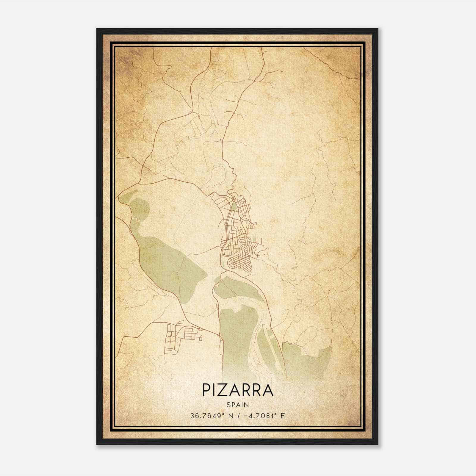 Vintage Pizarra Spain Map Poster, Pizarra City Road Wall Art Print