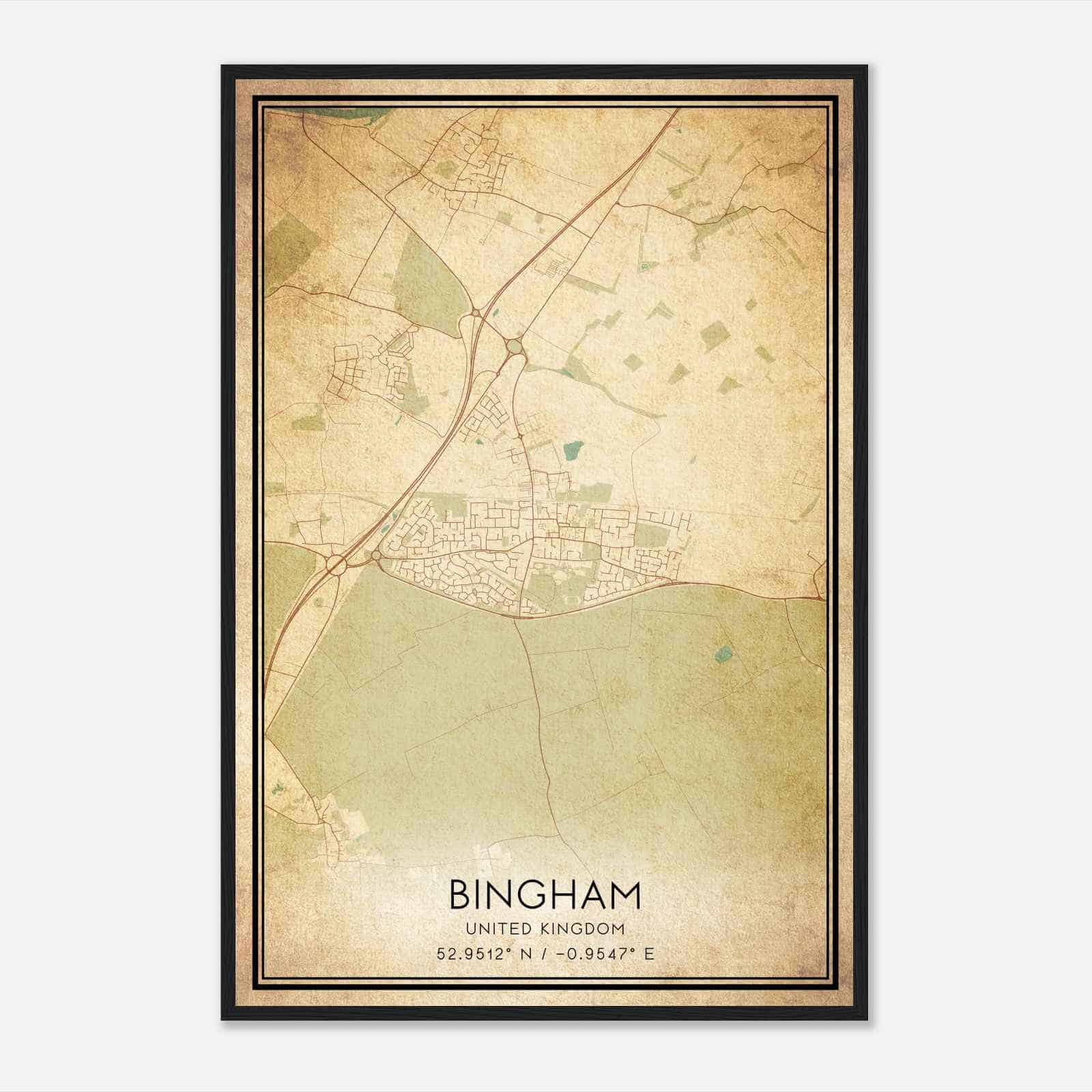 Vintage Bingham United Kingdom Map Poster, Bingham City Road Wall Art Print