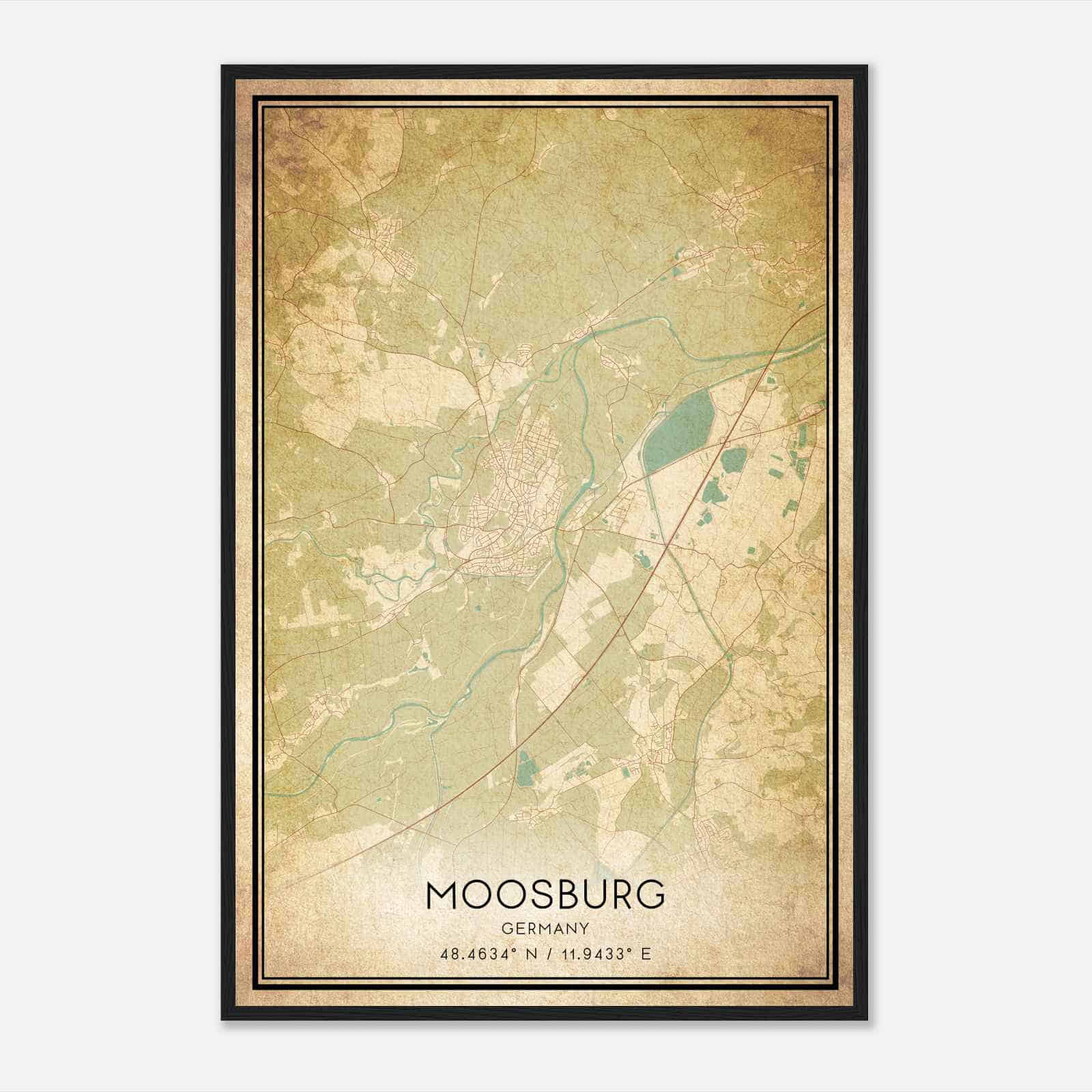 Vintage Moosburg Germany Map Poster, Moosburg City Road Wall Art Print