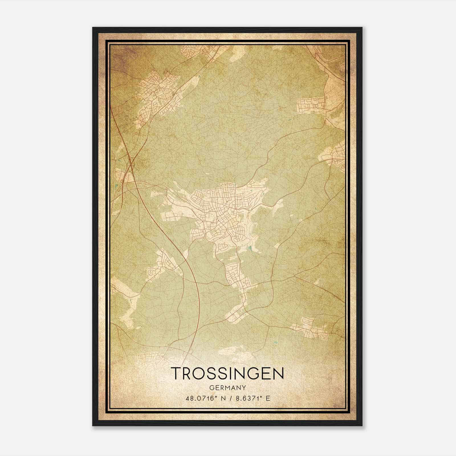 Vintage Trossingen Germany Map Poster, Trossingen City Road Wall Art Print