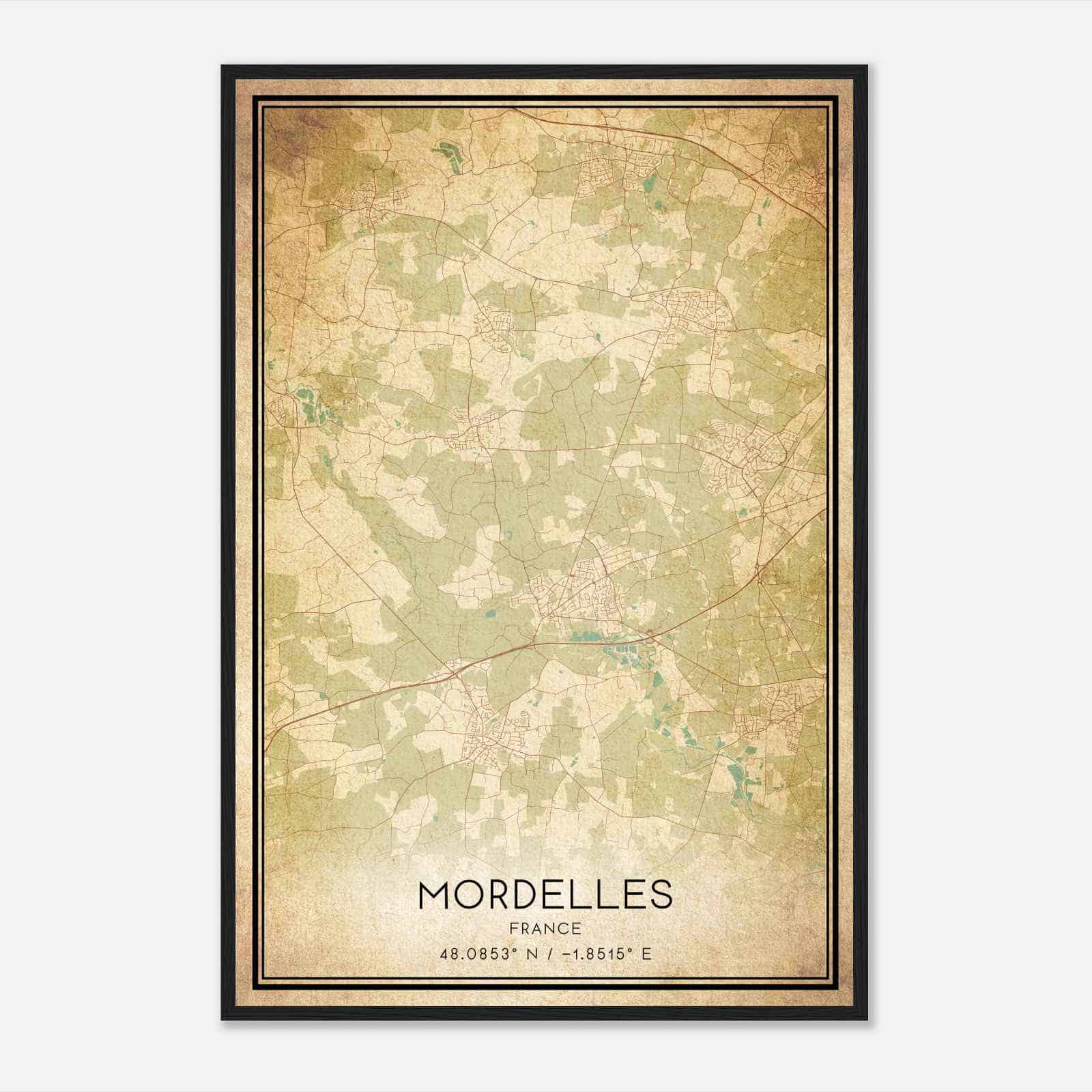 Vintage Mordelles France Map Poster, Mordelles City Road Wall Art Print