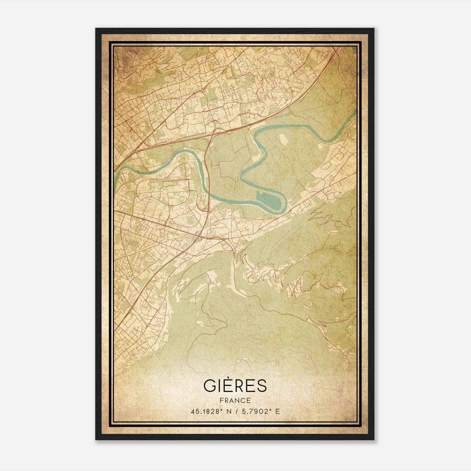 Vintage Gieres France Map Poster, Gieres City Road Wall Art Print