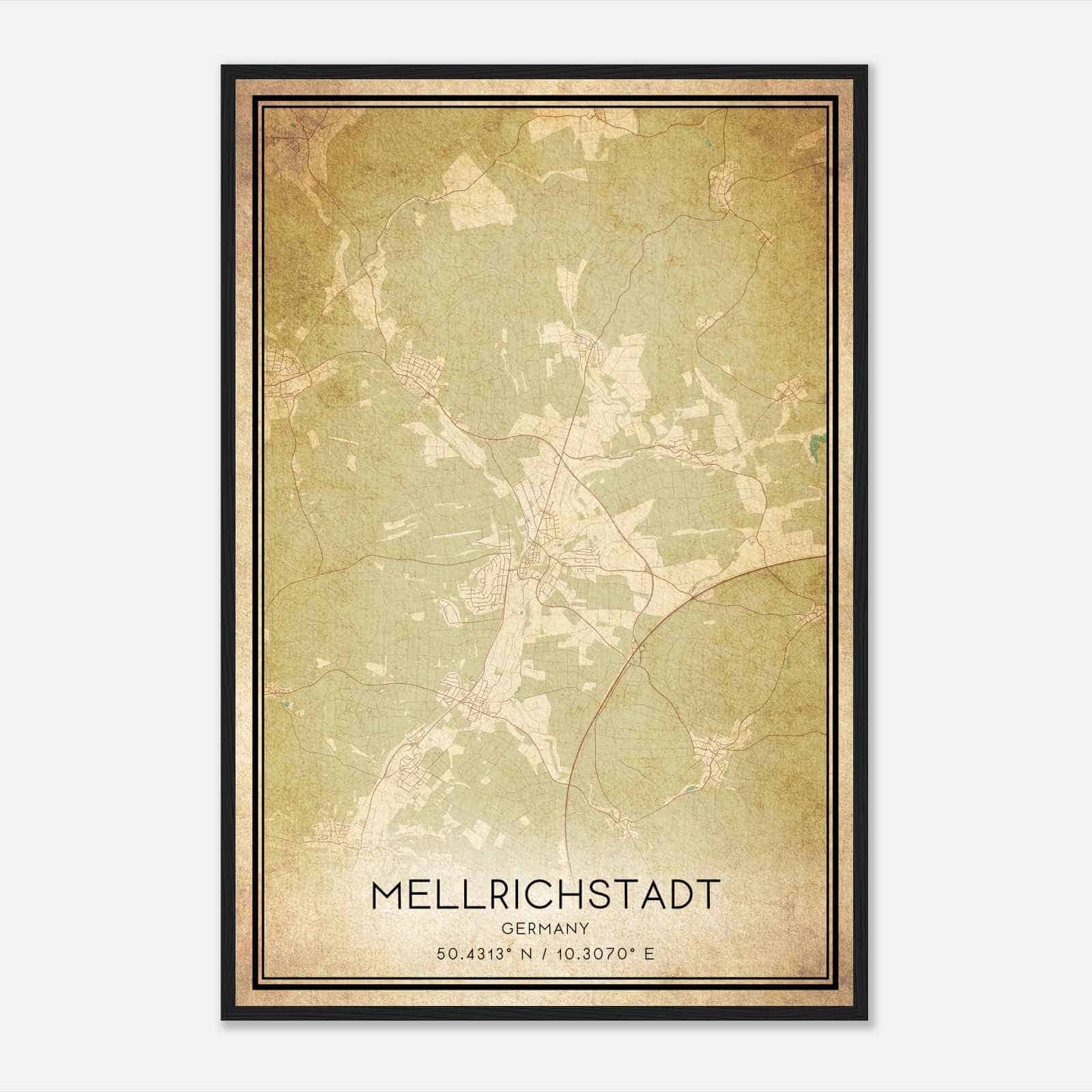 Vintage Mellrichstadt Germany Map Poster, Mellrichstadt City Road Wall Art Print