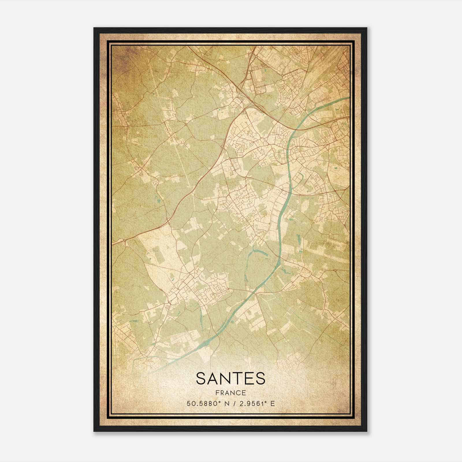 Vintage Santes France Map Poster, Santes City Road Wall Art Print