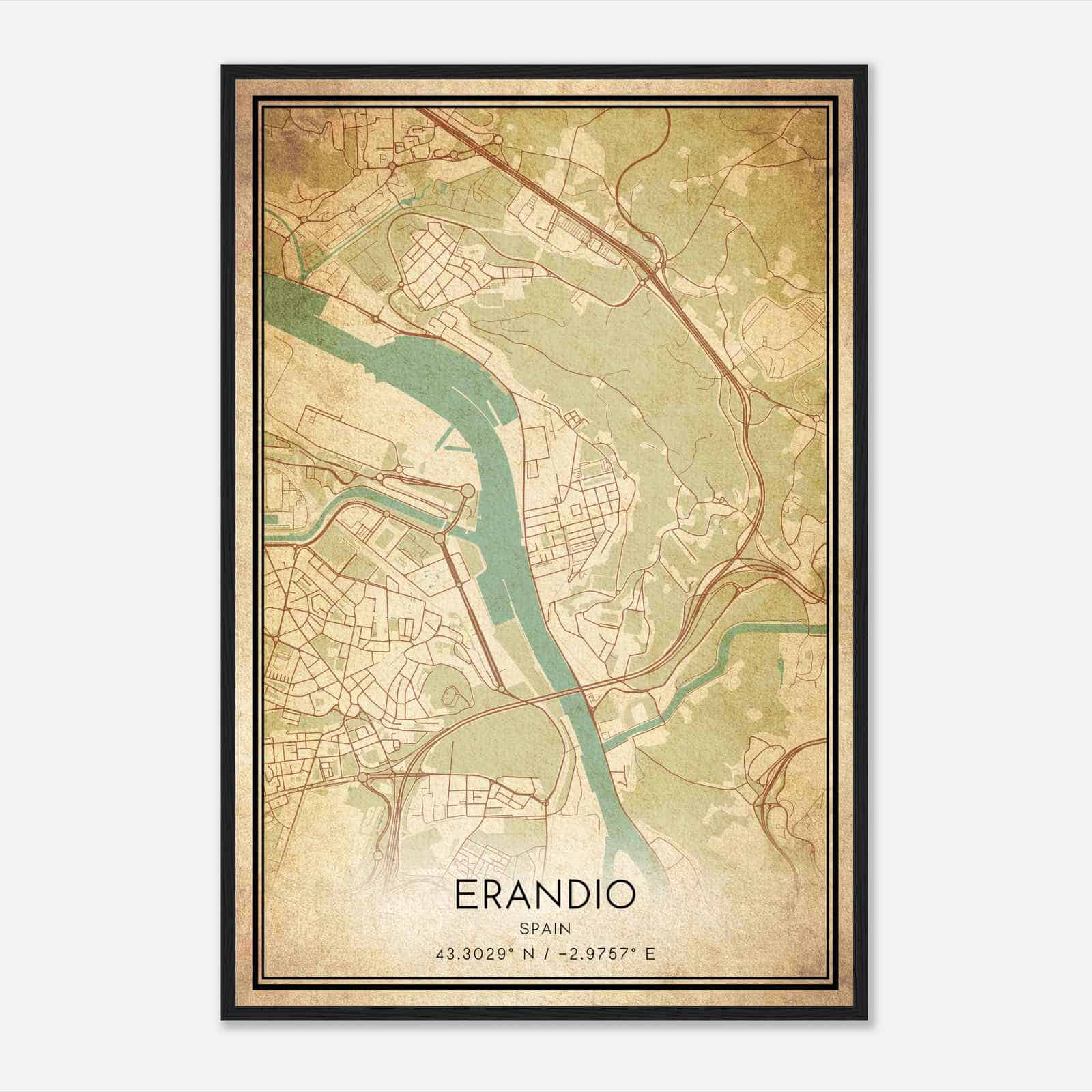 Vintage Erandio Spain Map Poster, Erandio City Road Wall Art Print