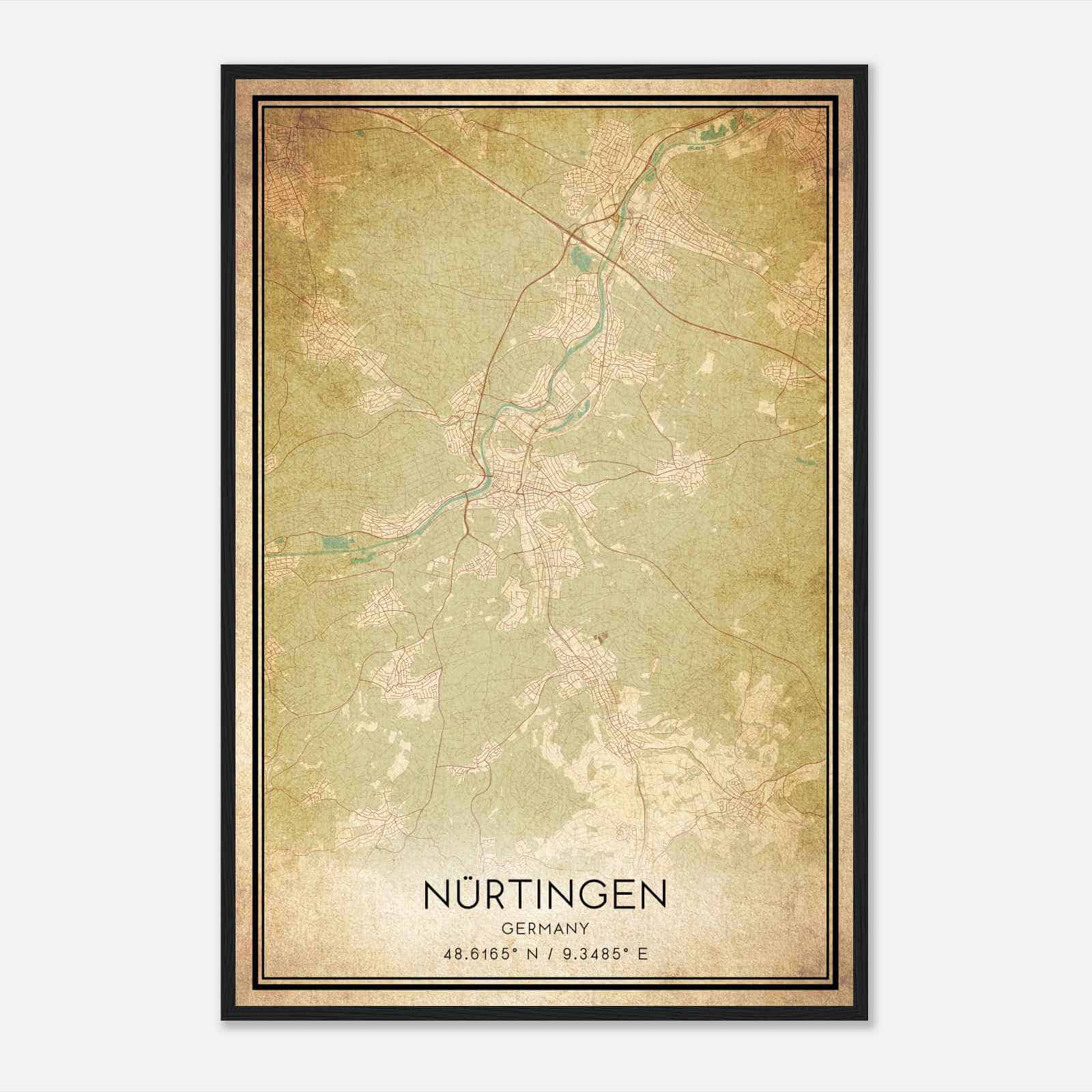 Vintage Nurtingen Germany Map Poster, Nurtingen City Road Wall Art Print