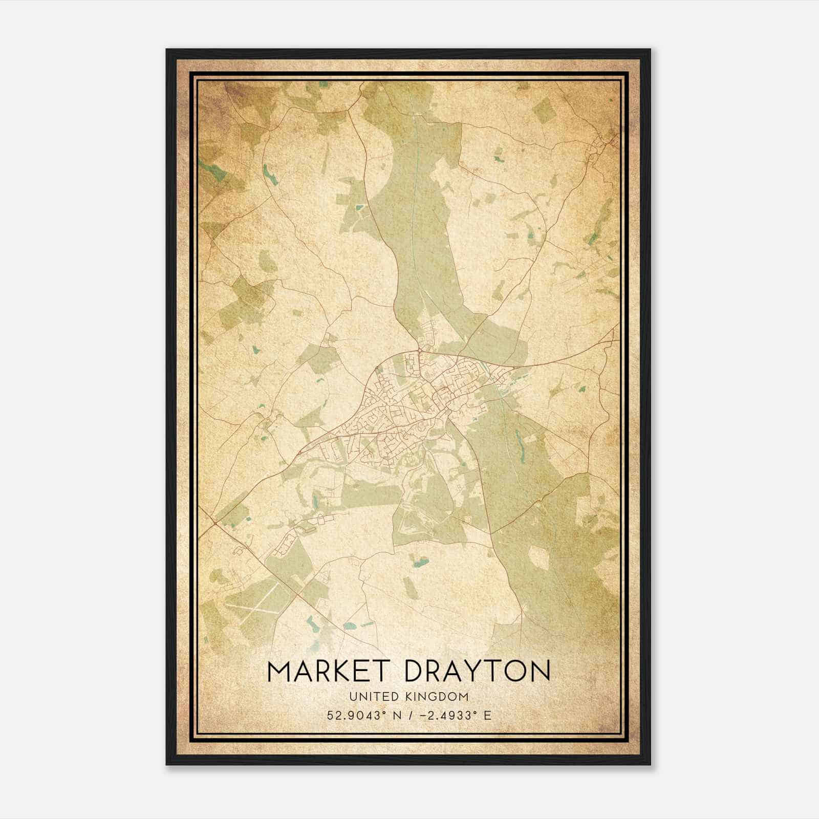 Vintage Market Drayton United Kingdom Map Poster, Market Drayton City Road Wall Art Print