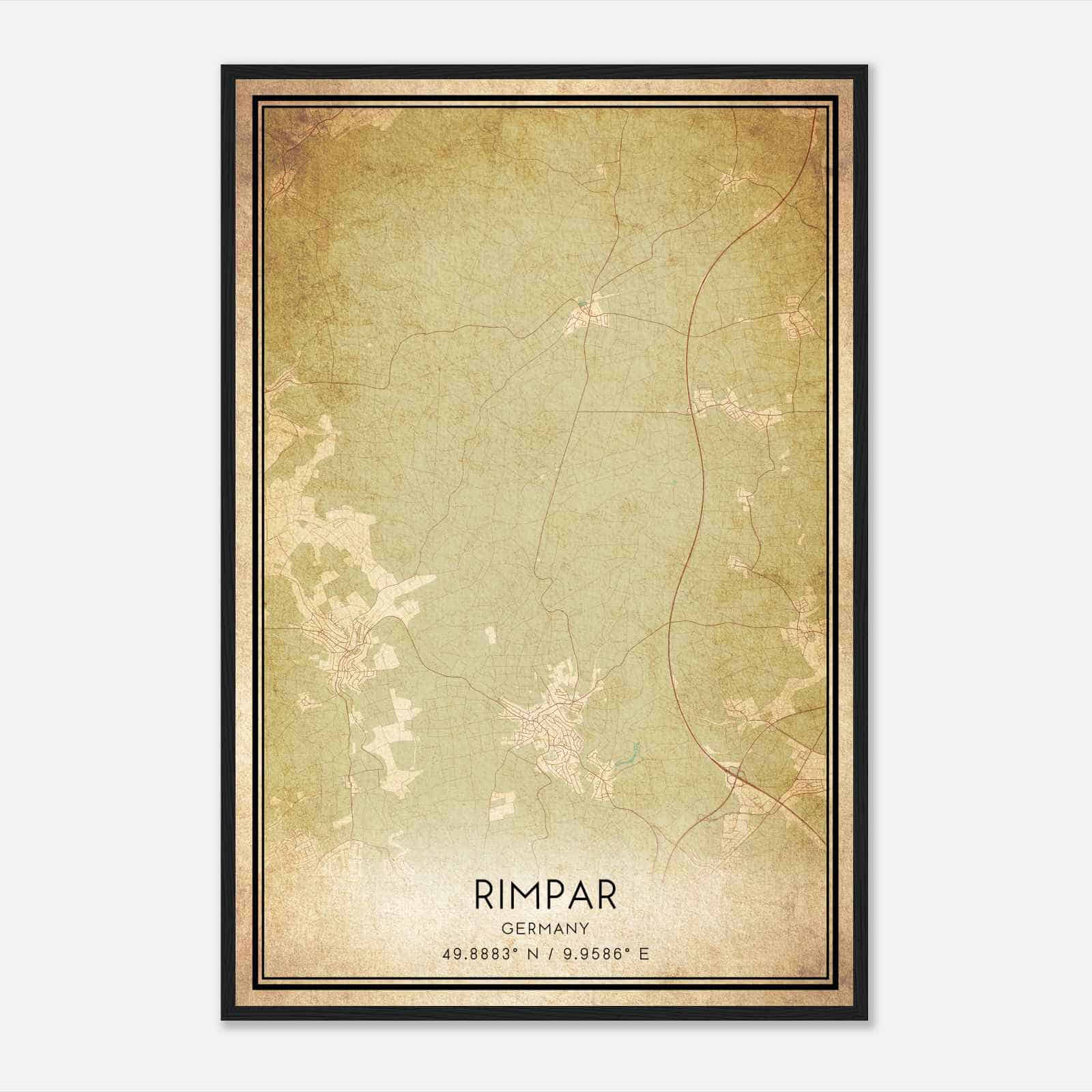 Vintage Rimpar Germany Map Poster, Rimpar City Road Wall Art Print