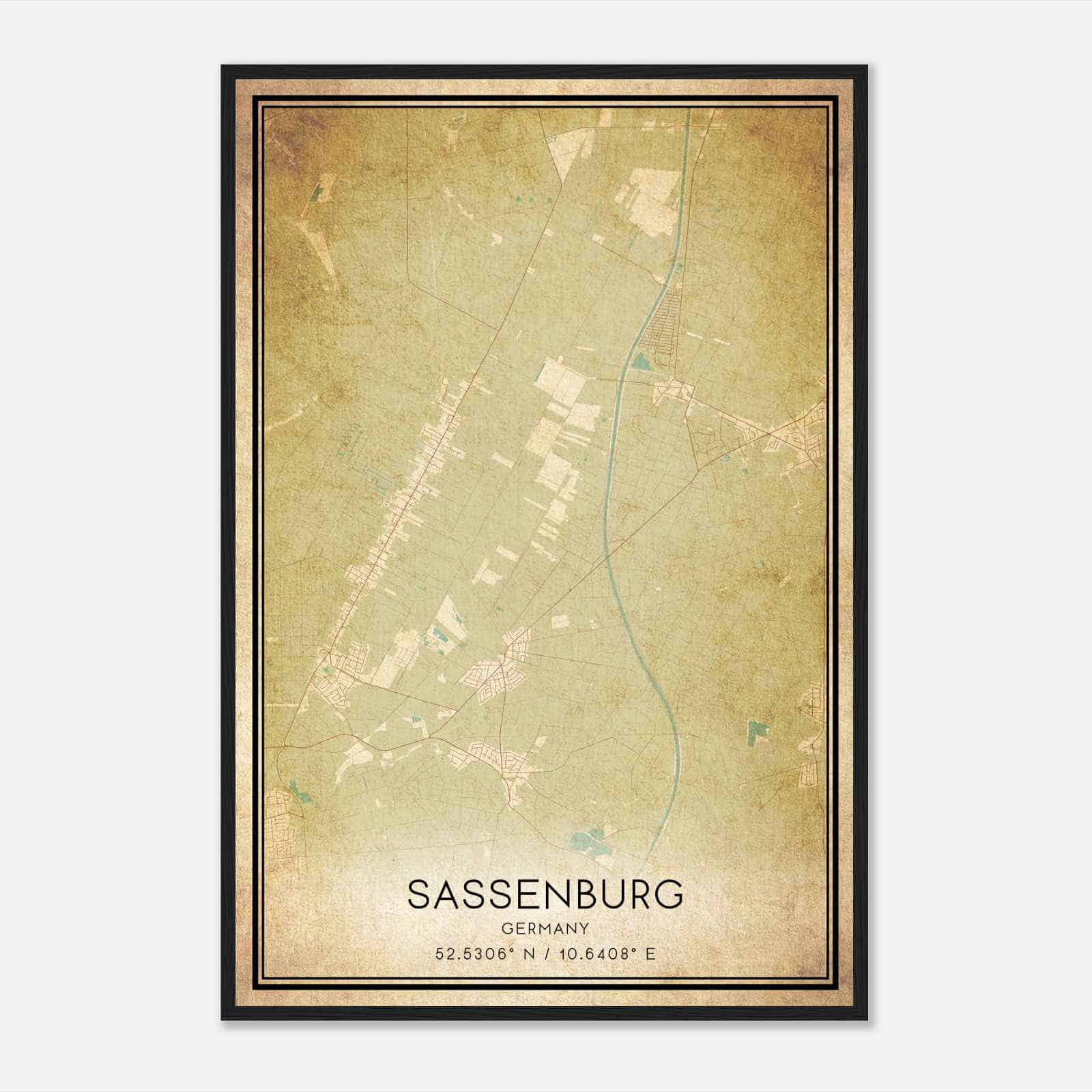 Vintage Sassenburg Germany Map Poster, Sassenburg City Road Wall Art Print