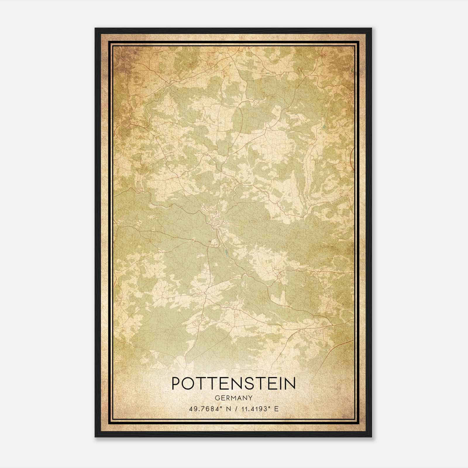 Vintage Pottenstein Germany Map Poster, Pottenstein City Road Wall Art Print