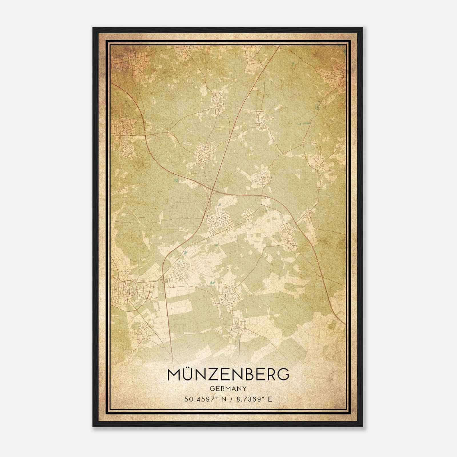 Vintage Munzenberg Germany Map Poster, Munzenberg City Road Wall Art Print